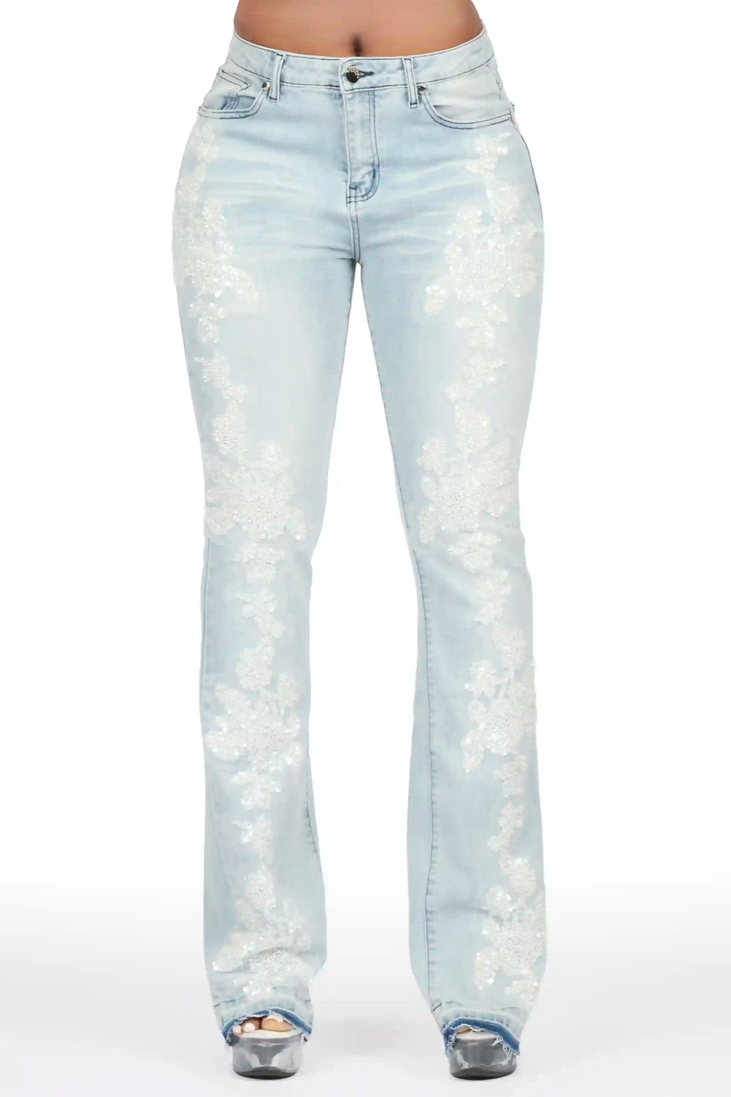 Najja Light Wash Rhinestone Stacked Flare Jean