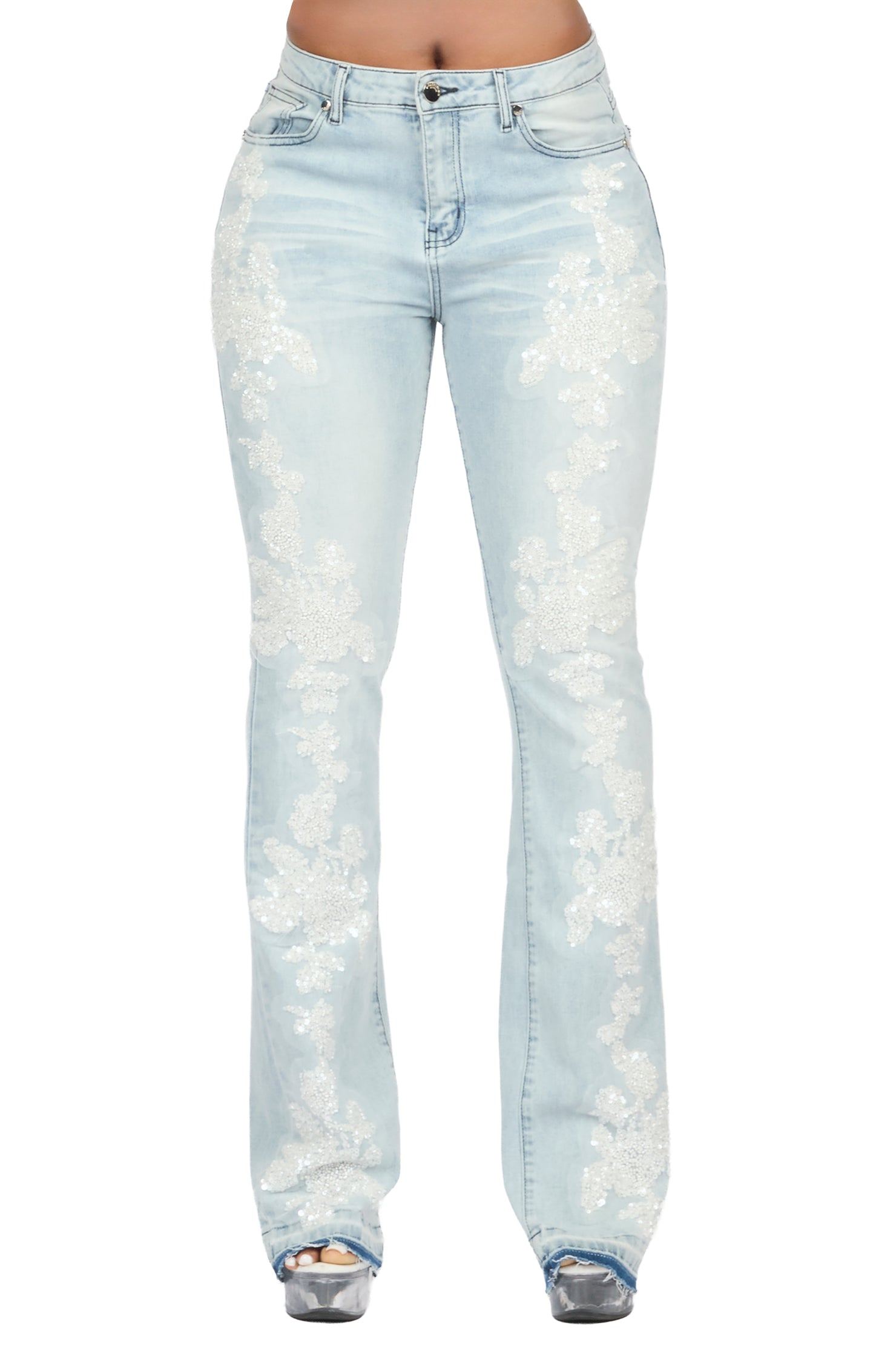 Najja Light Wash Rhinestone Stacked Flare Jean