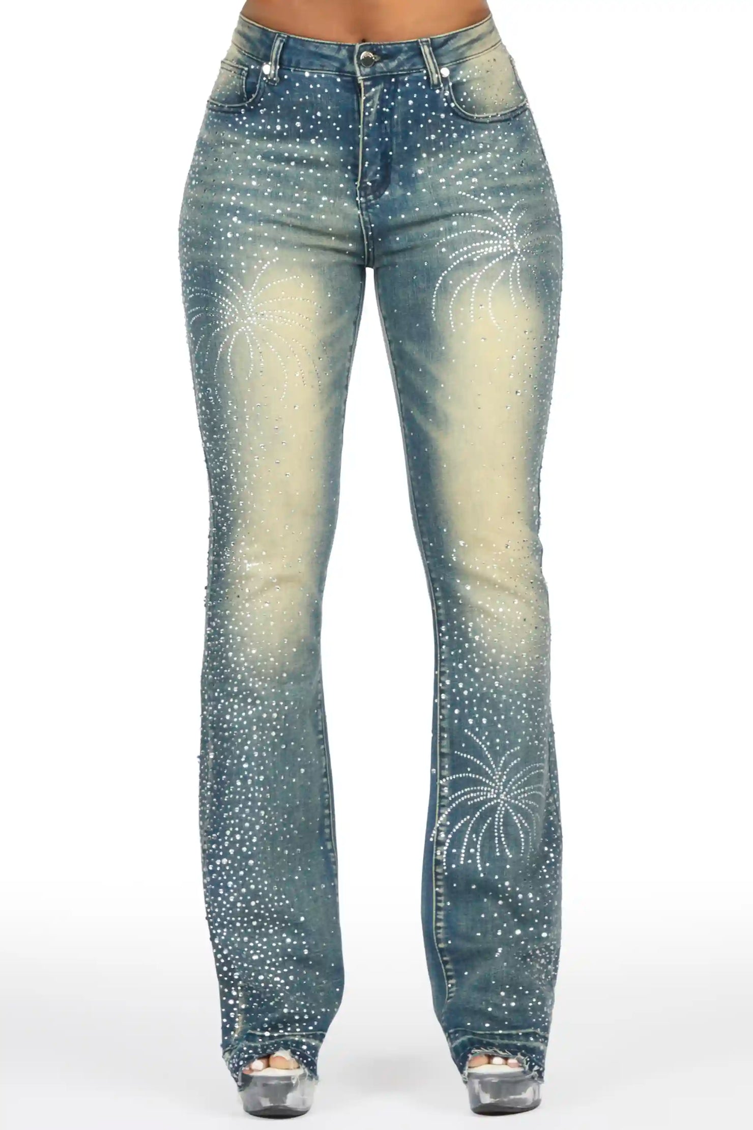 Deidra Dark Wash Rhinestone Stacked Flare Jean