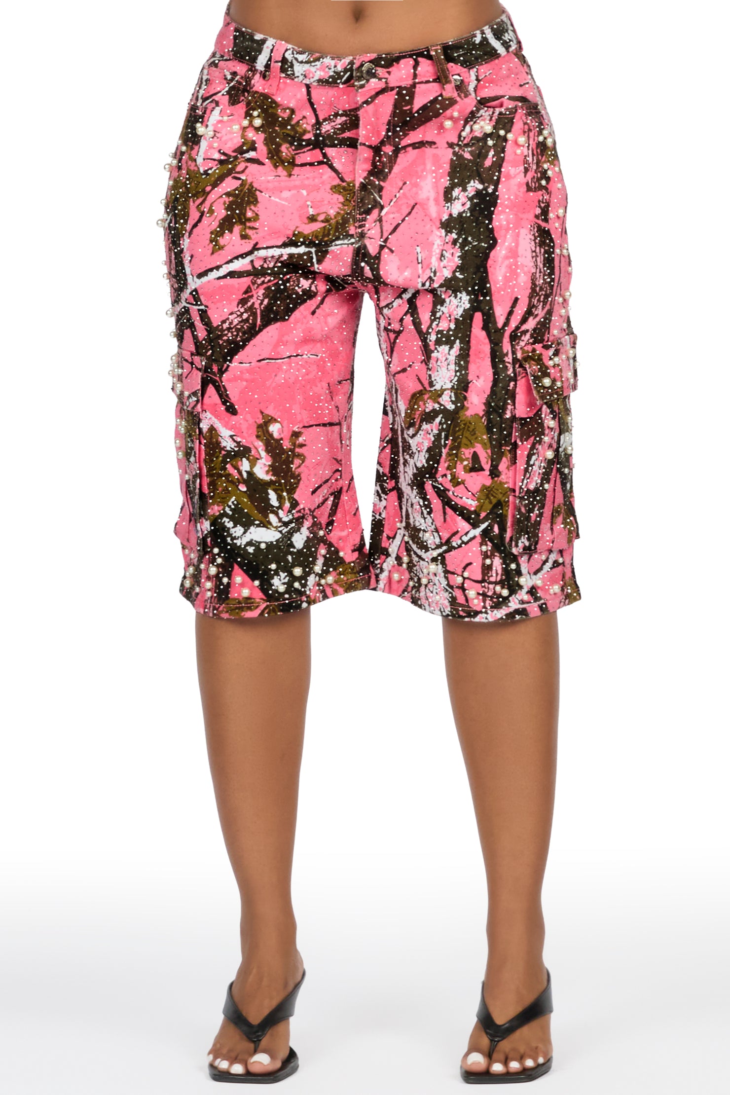 Tequeenia Pink Tree Camo Rhinestone Denim Jort