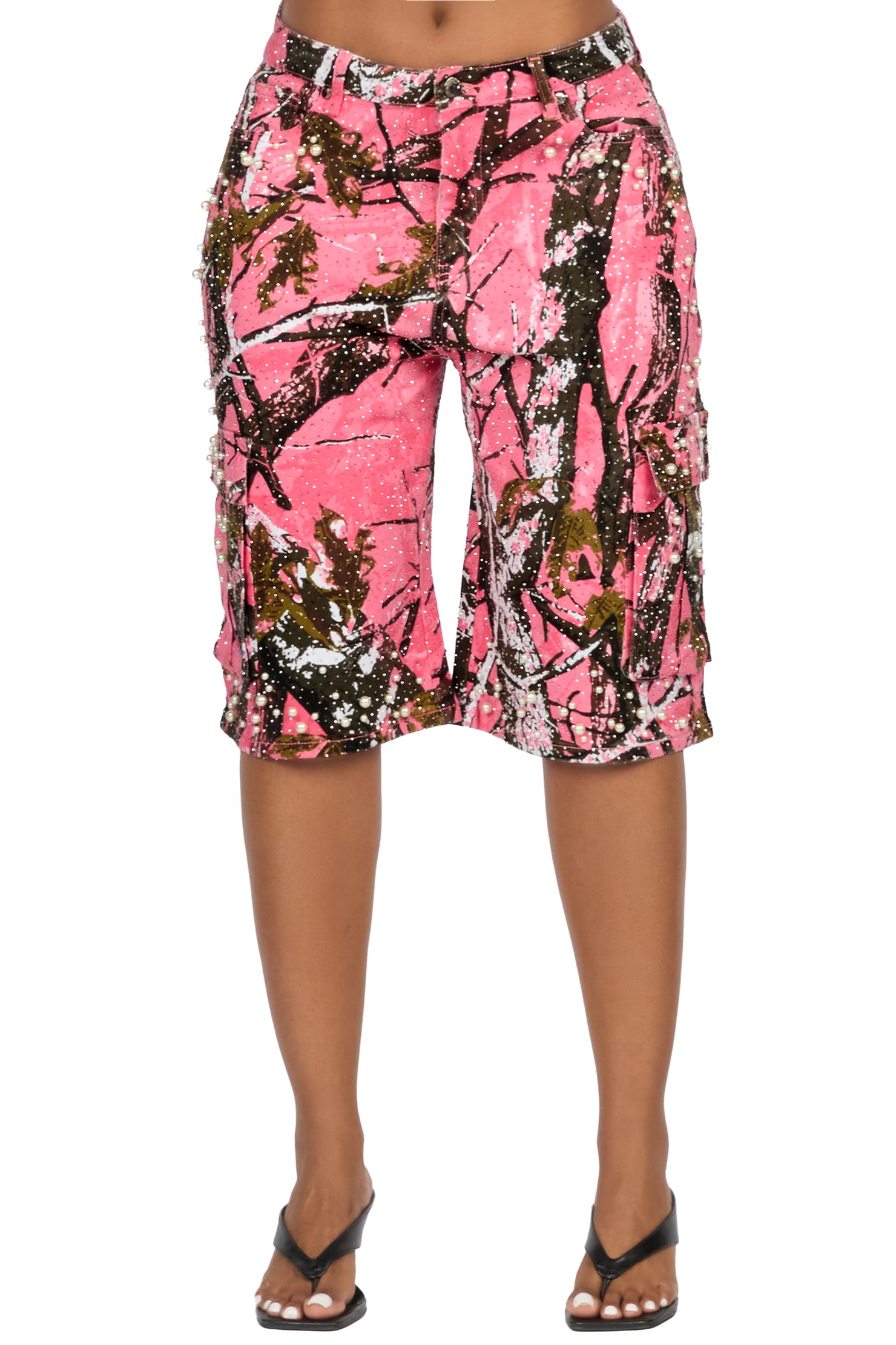 Tequeenia Pink Tree Camo Rhinestone Denim Jort