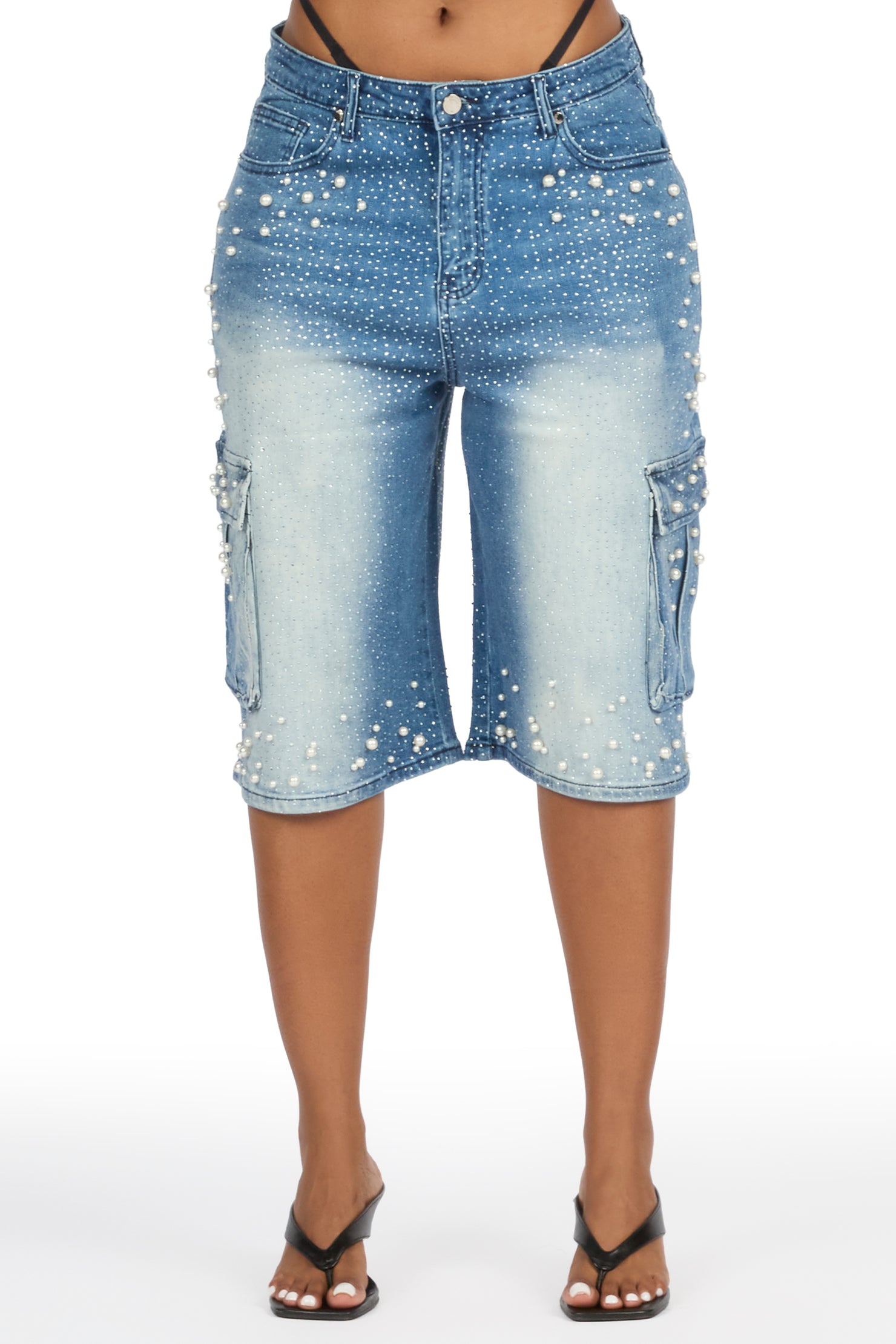 Tequeenia Med. Wash Rhinestone Denim Jort