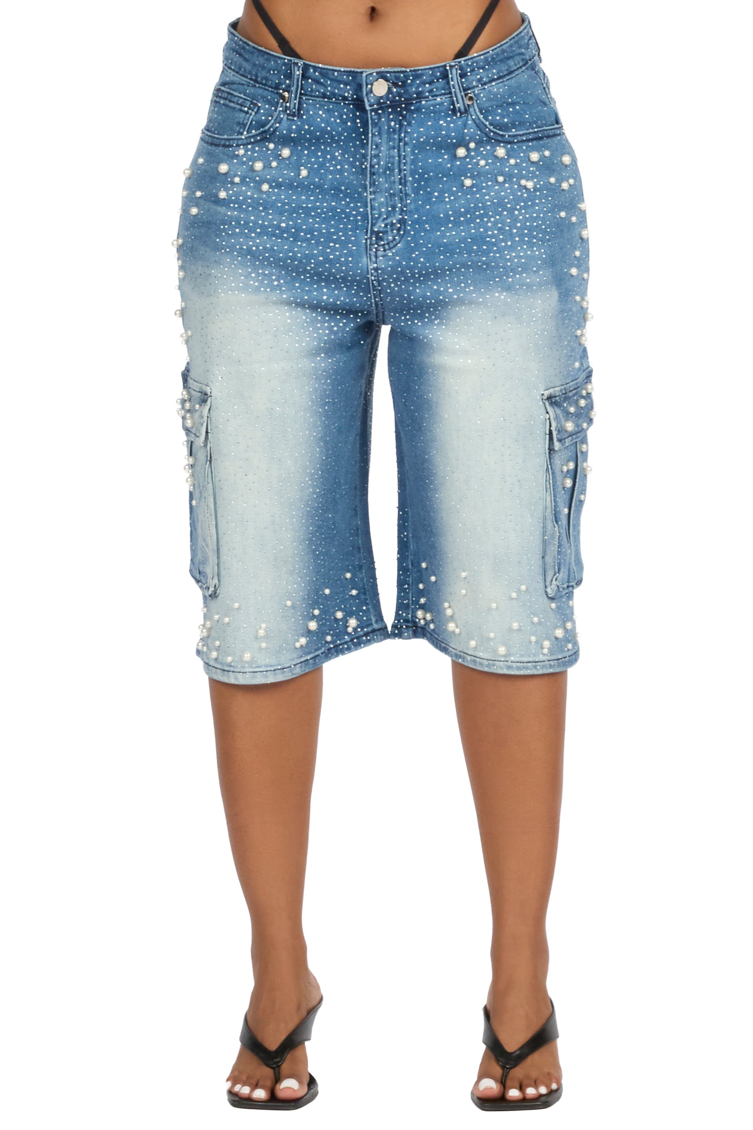 Tequeenia Med. Wash Rhinestone Denim Jort