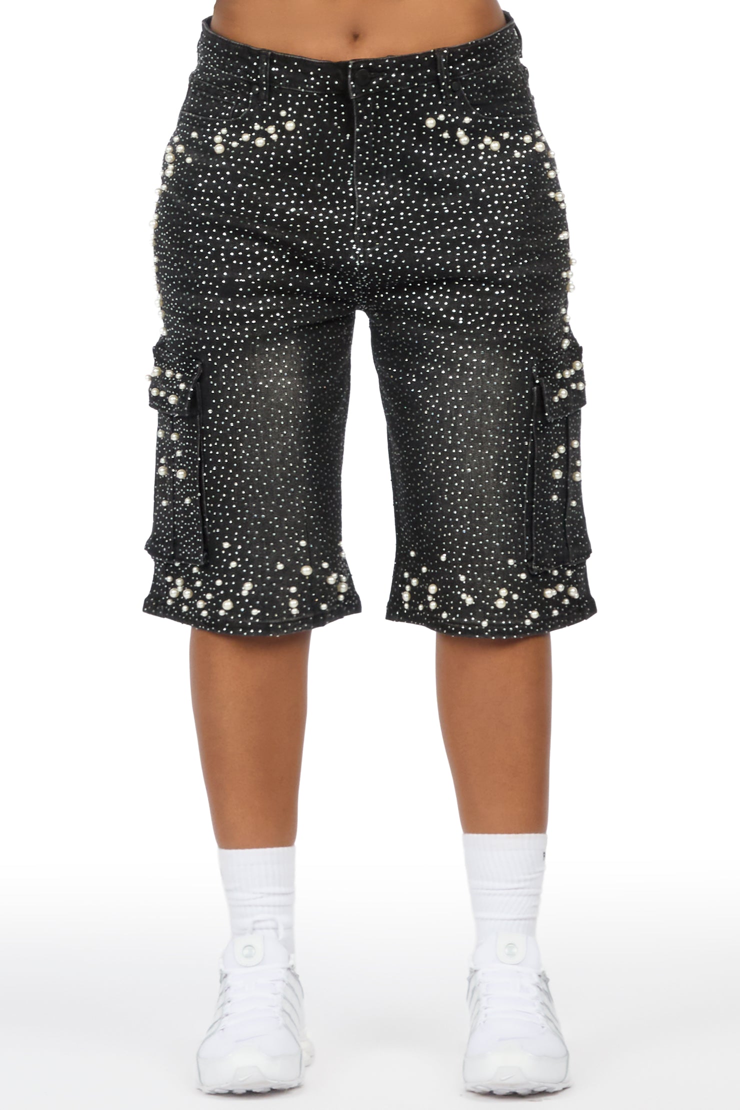 Tequeenia Black Rhinestone Denim Jort