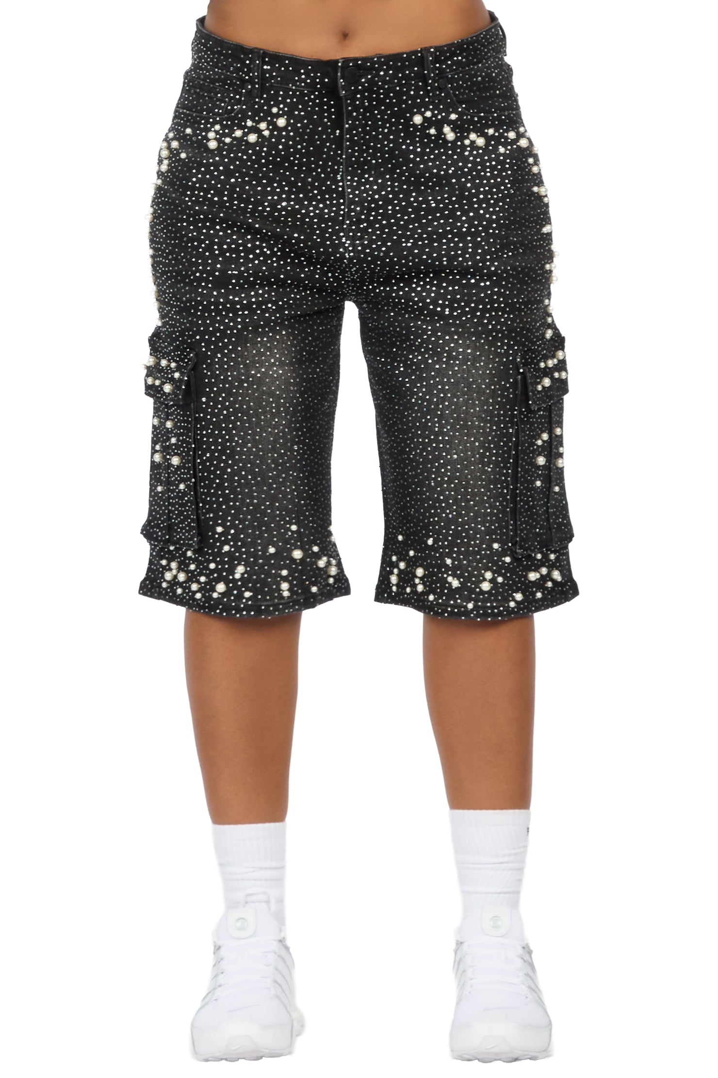 Tequeenia Black Rhinestone Denim Jort