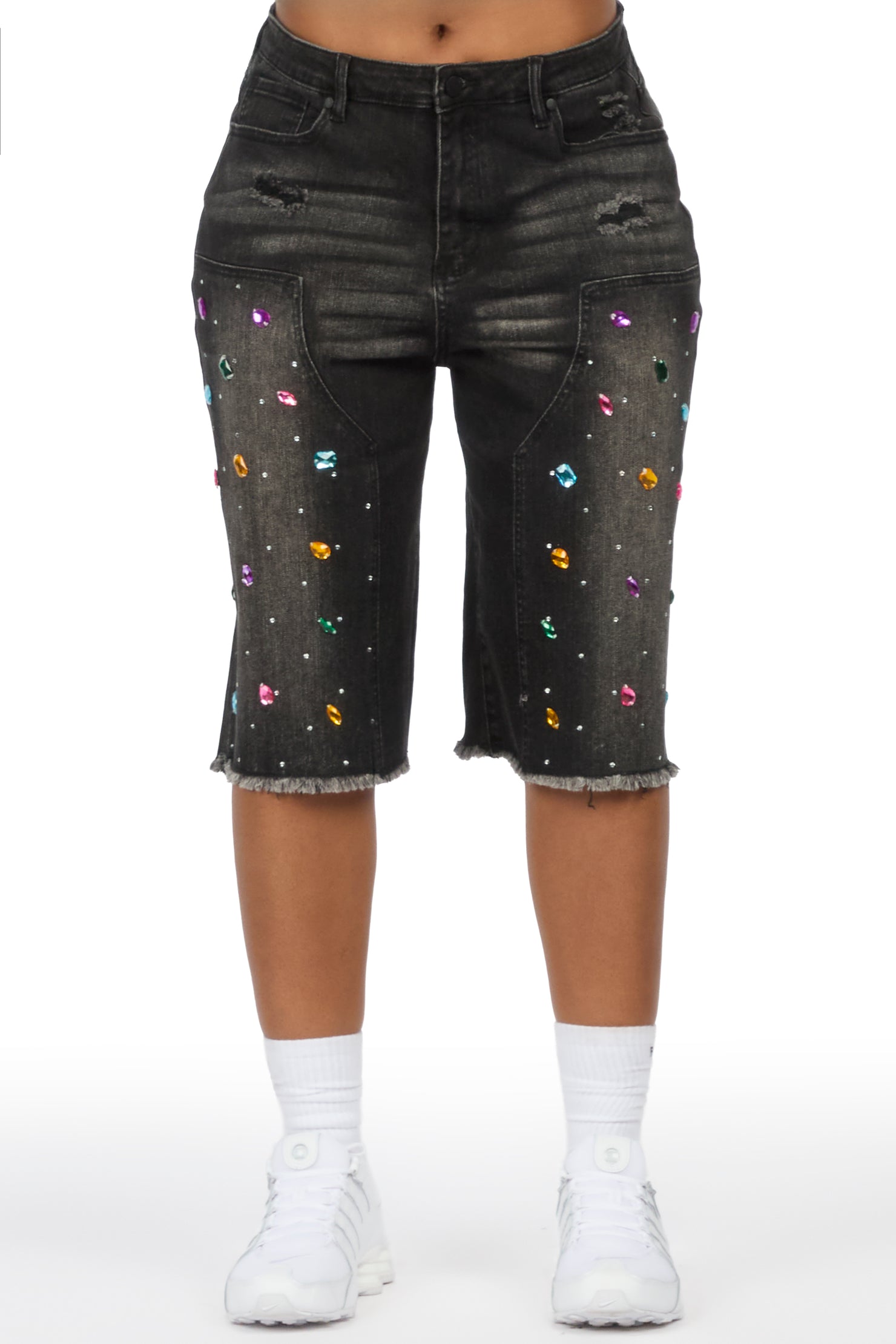 Allexis Black Rhinestone Baggy Jort
