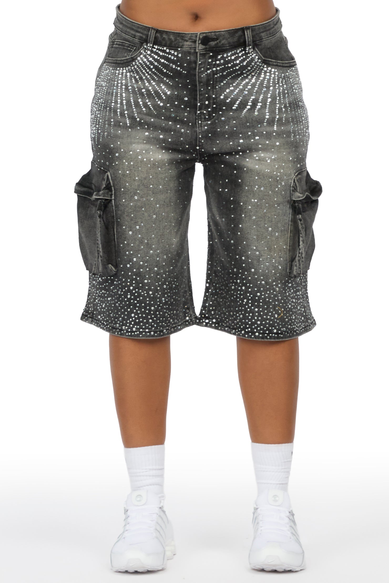 Lashandra Grey Wash Rhinestone Denim Jort