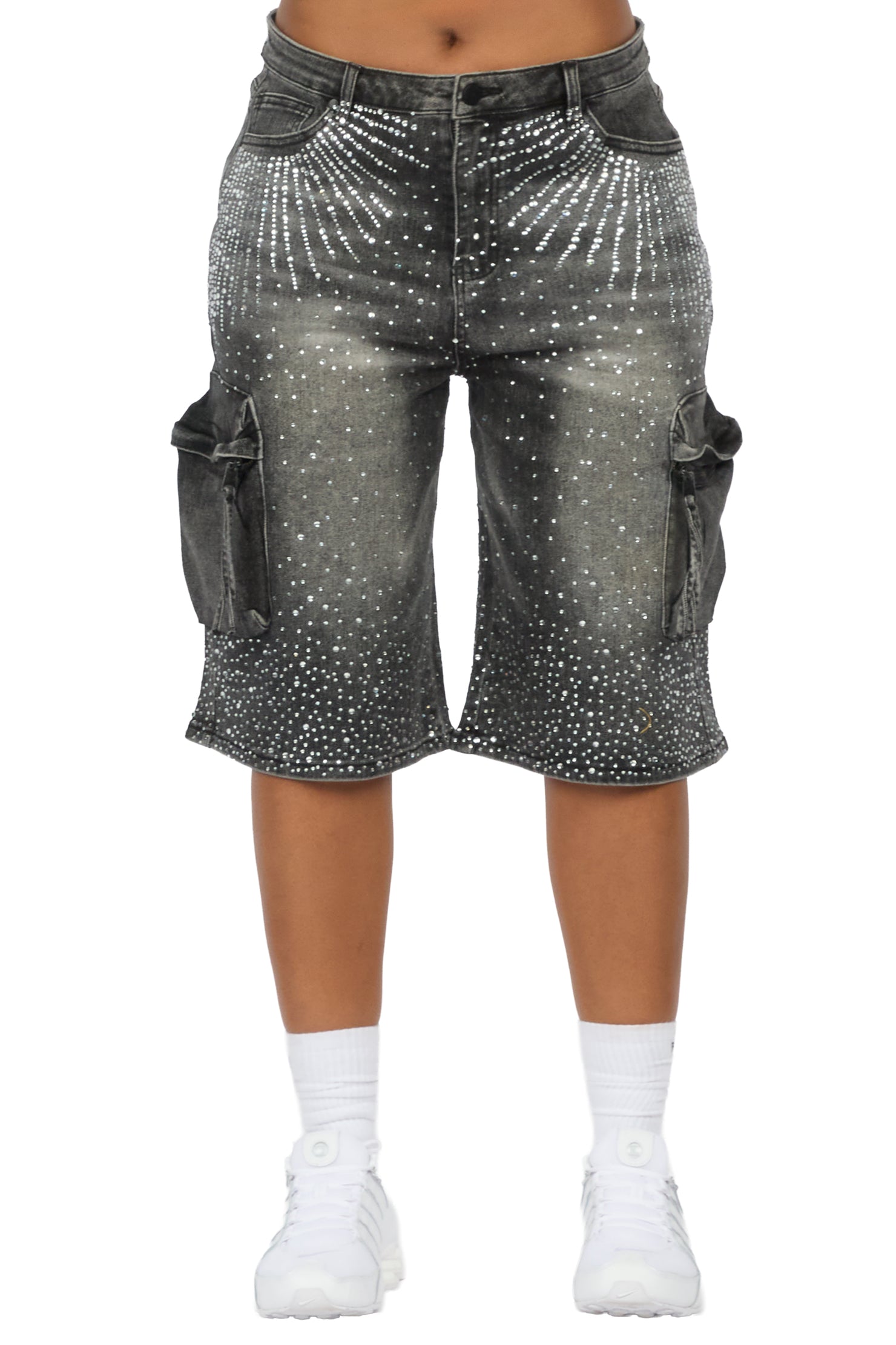 Lashandra Grey Wash Rhinestone Denim Jort