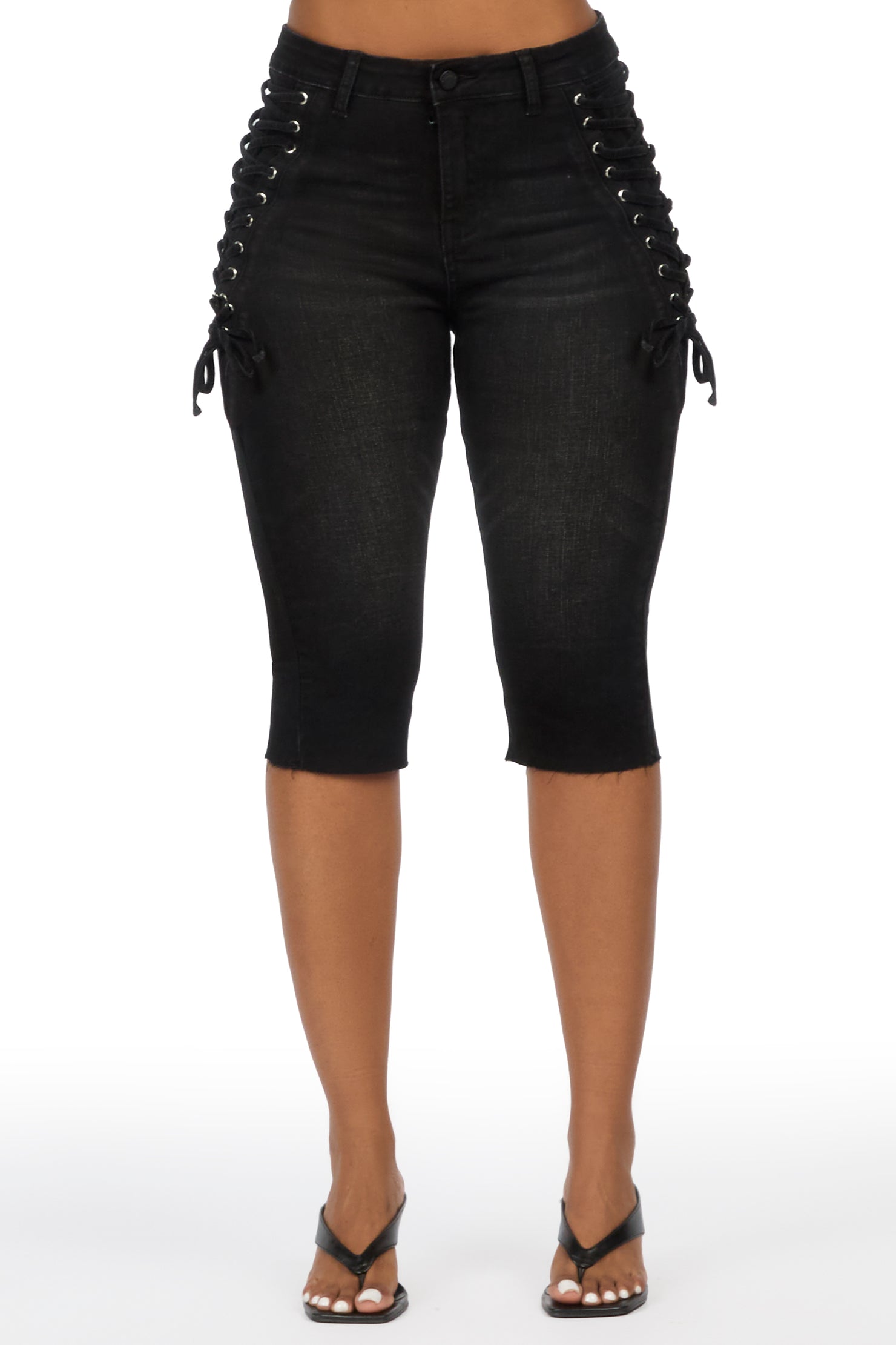 Brittani Black Denim Lace Up Capri