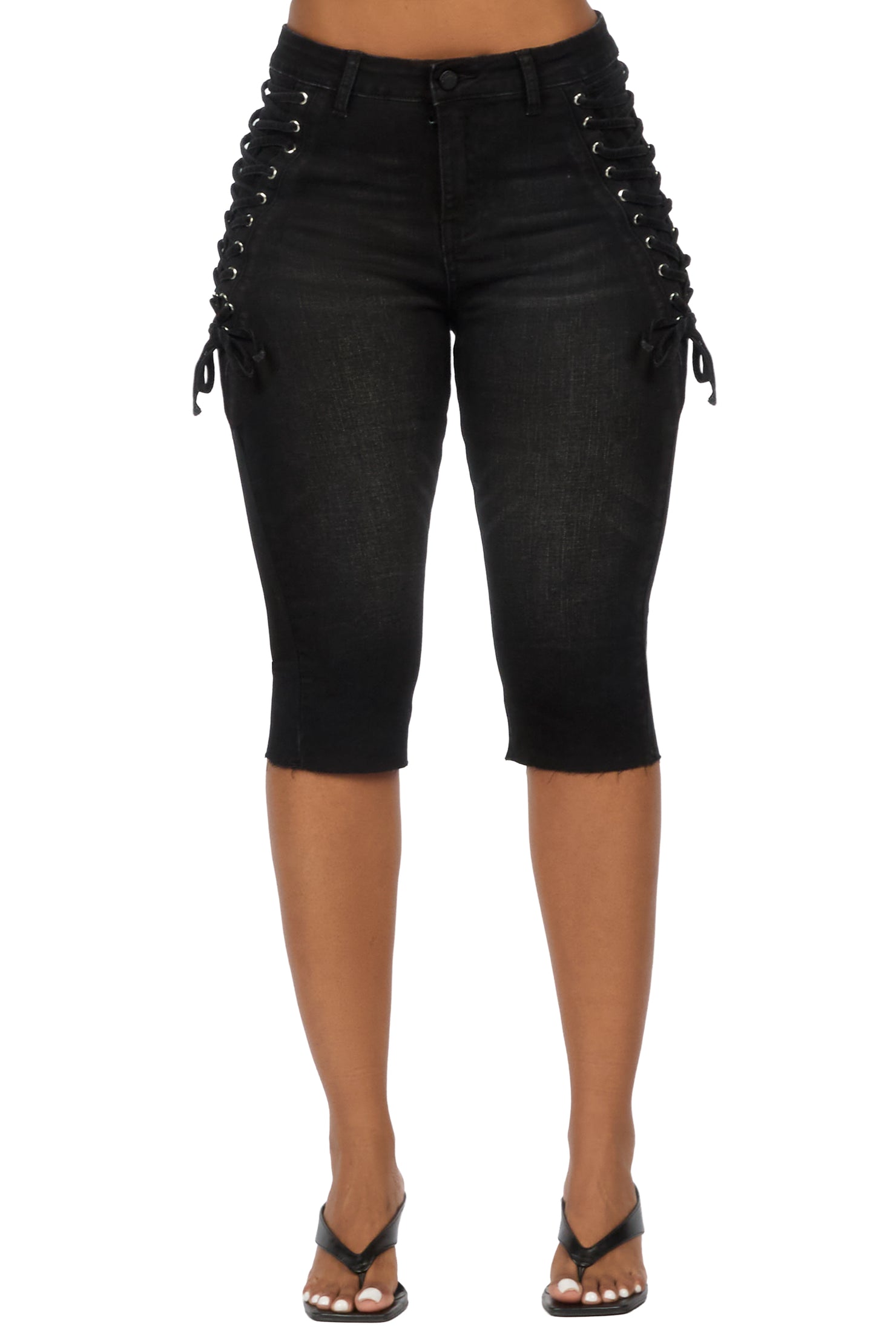 Brittani Black Denim Lace Up Capri