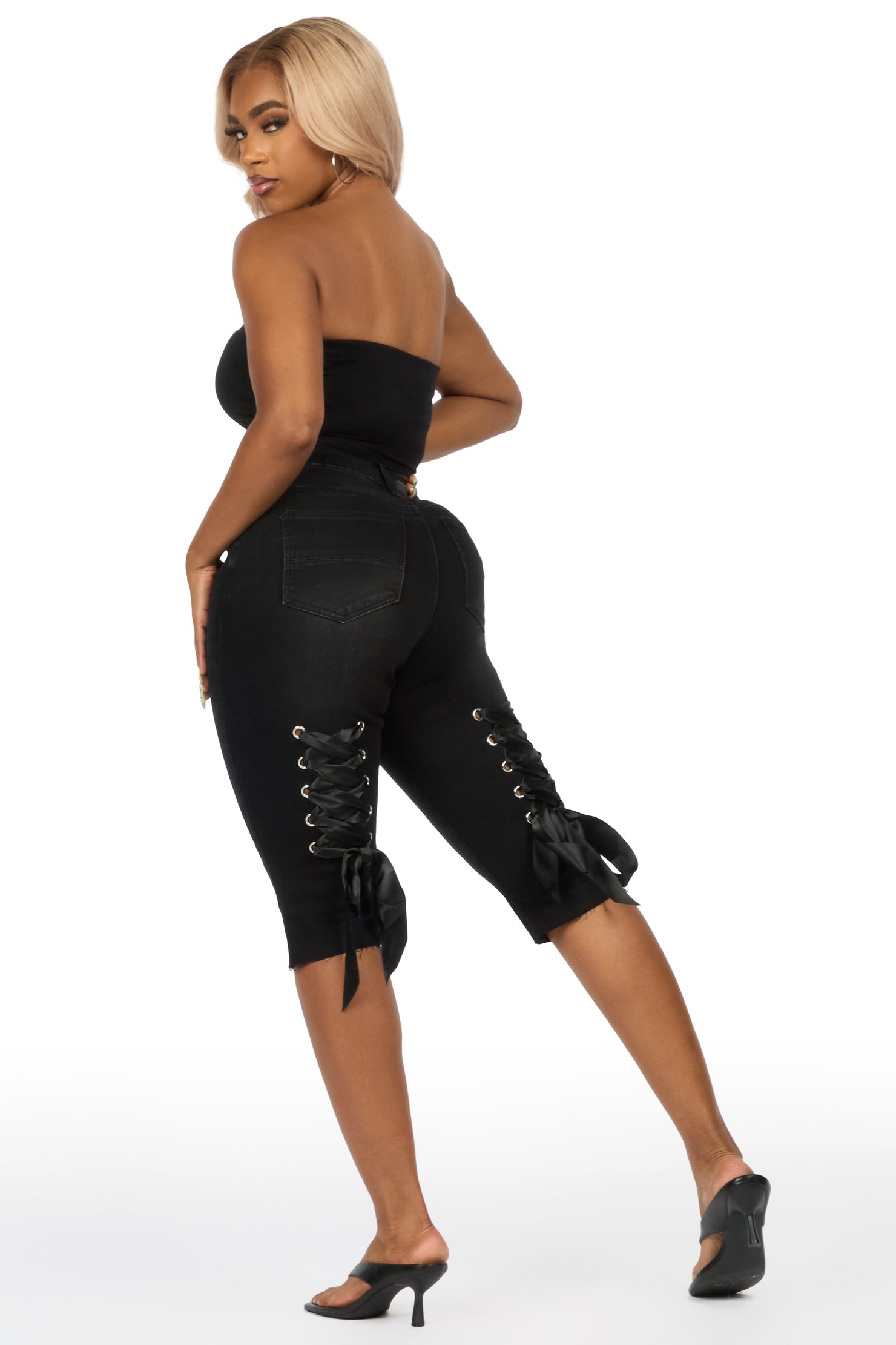 Teandra Black Rhinestone Denim Capri