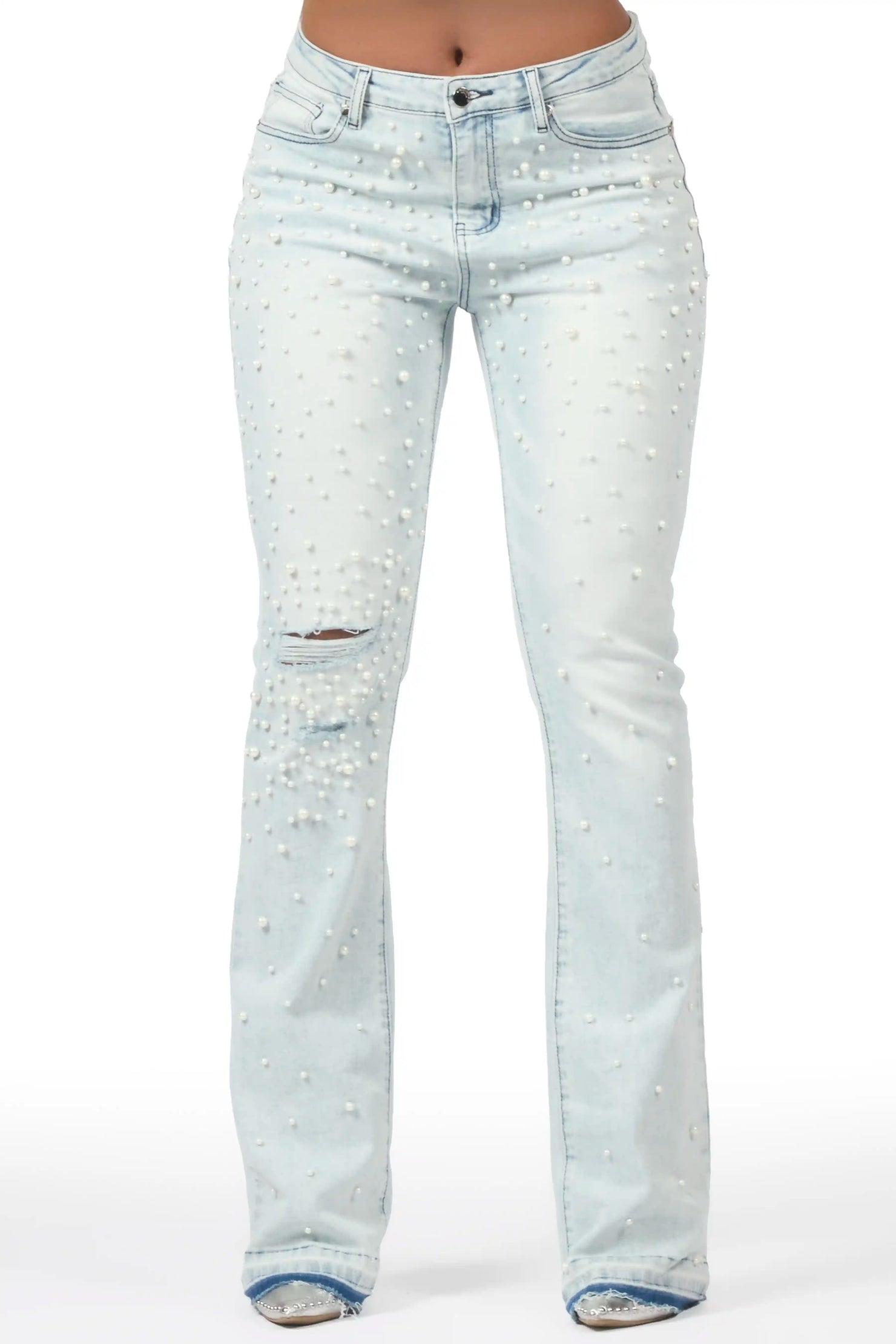 Katrell Light Wash Pearl Stacked Flare Jean