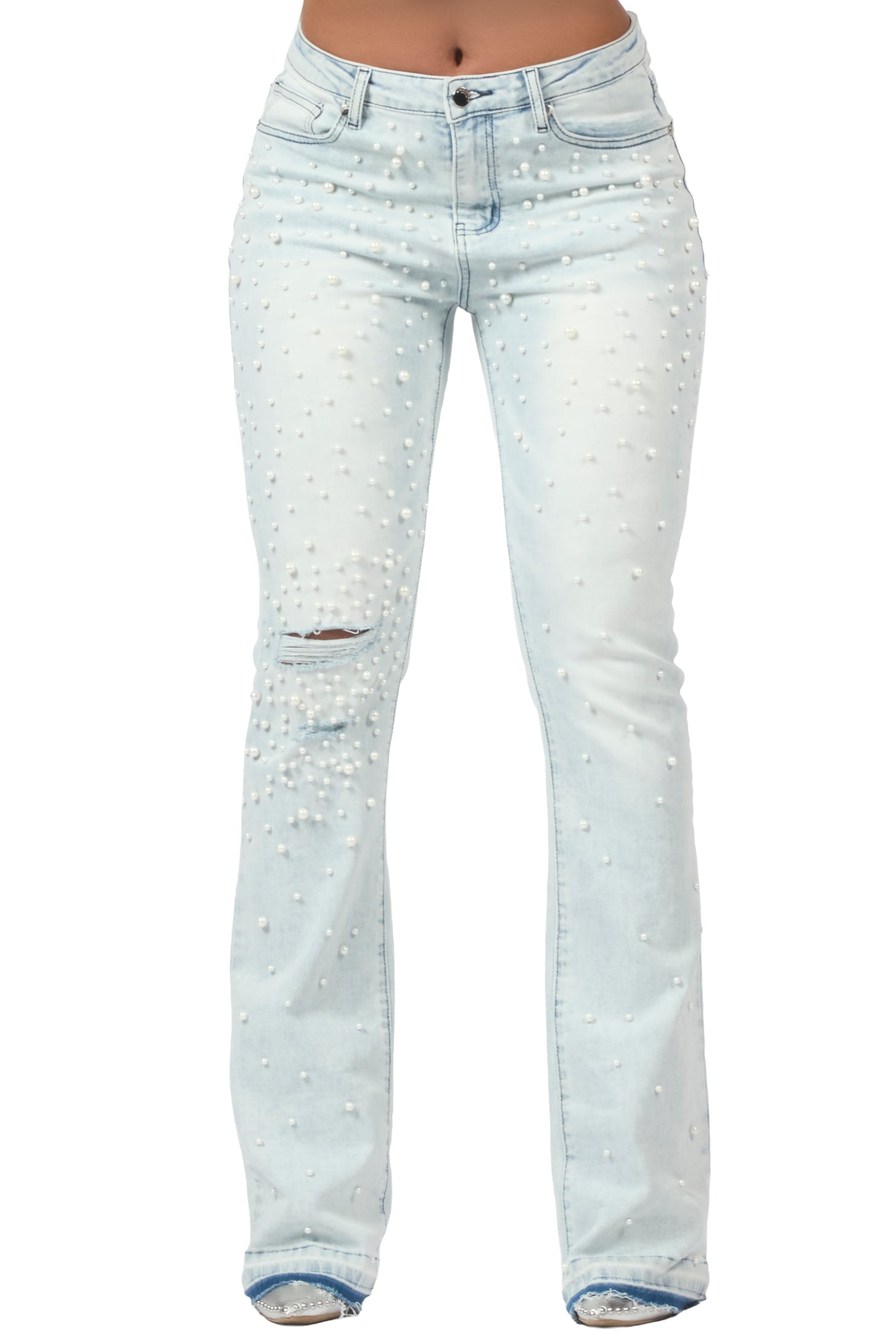 Katrell Light Wash Pearl Stacked Flare Jean
