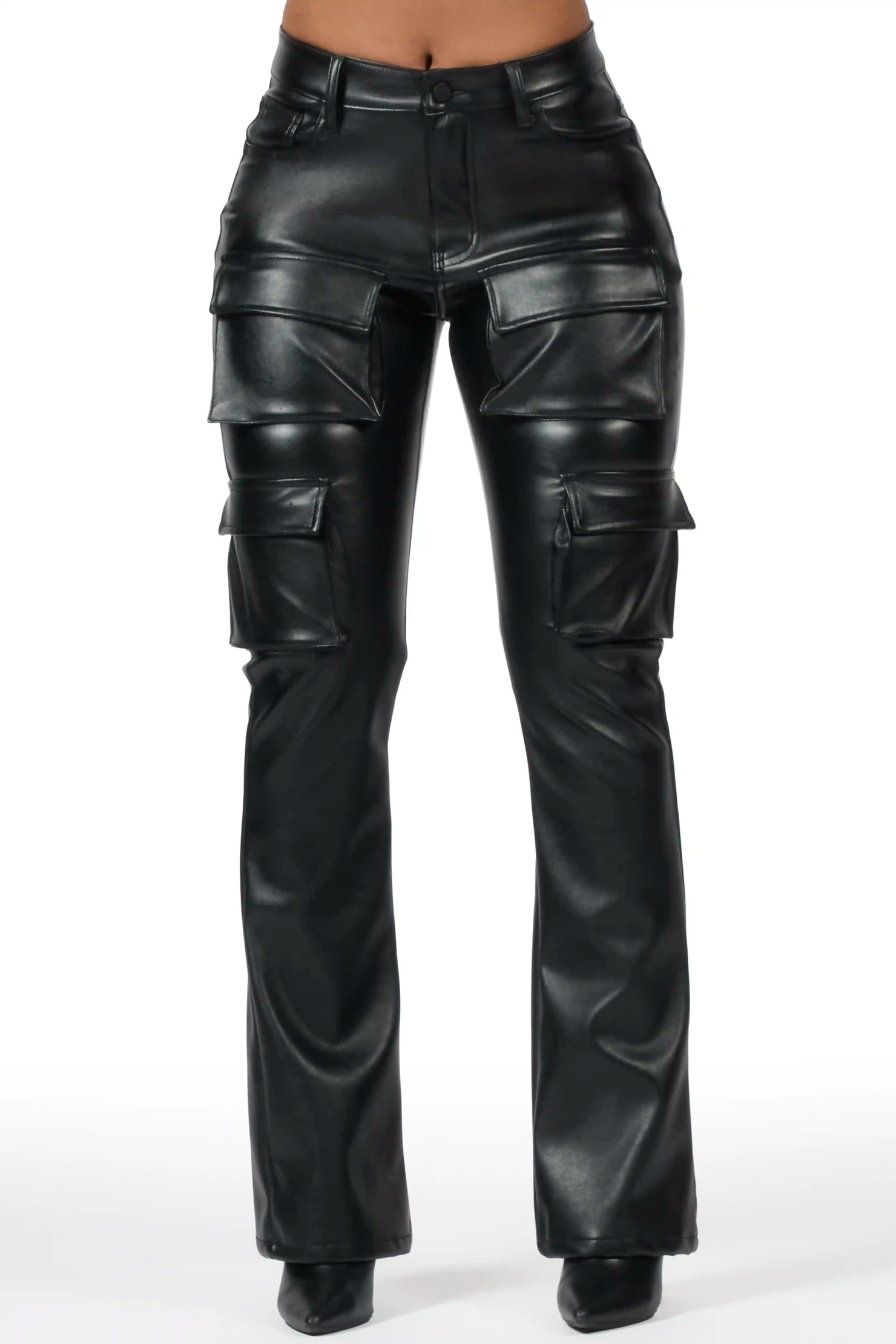 Luxola Black PU Cargo Stacked Flare Pant