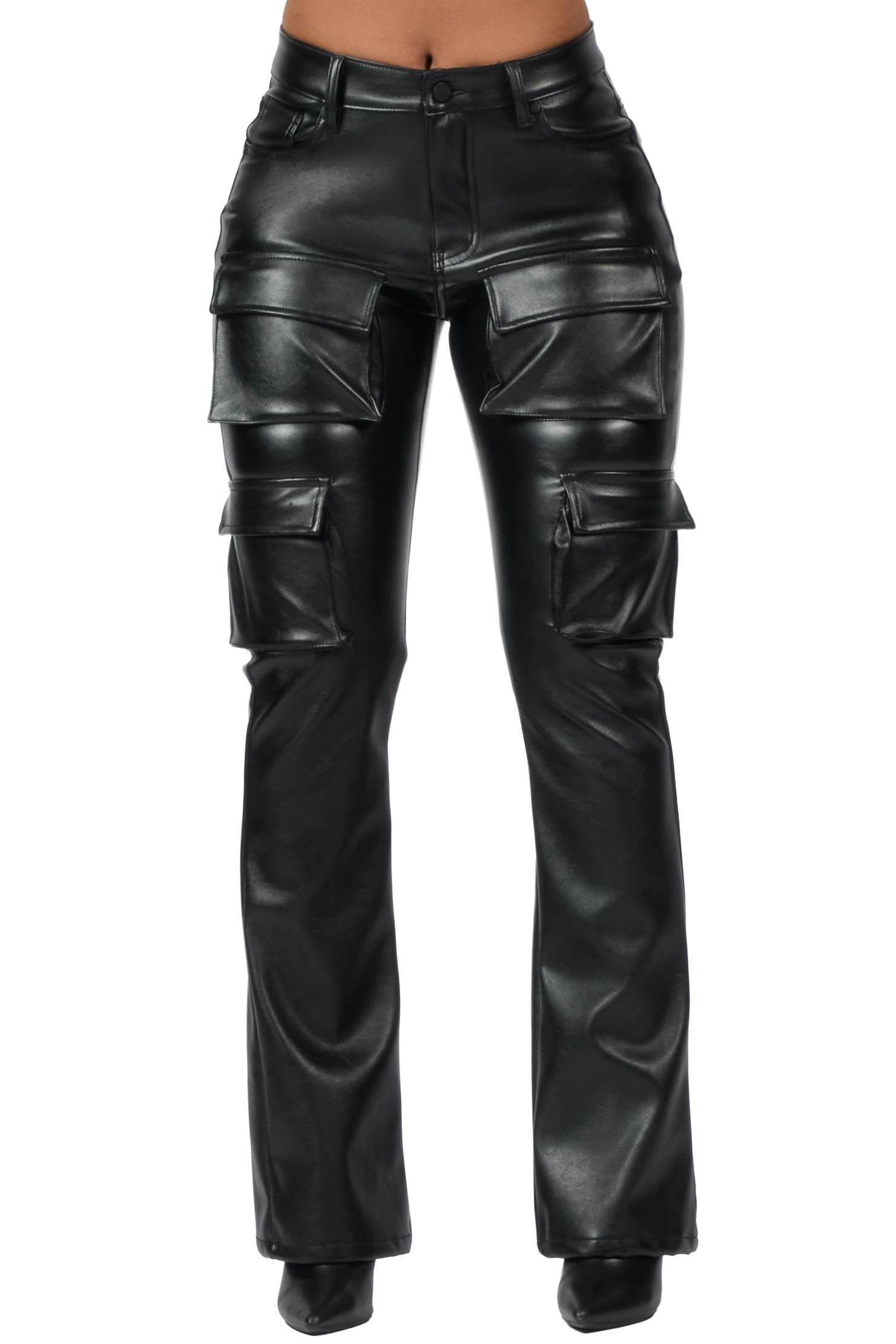 Luxola Black PU Cargo Stacked Flare Pant