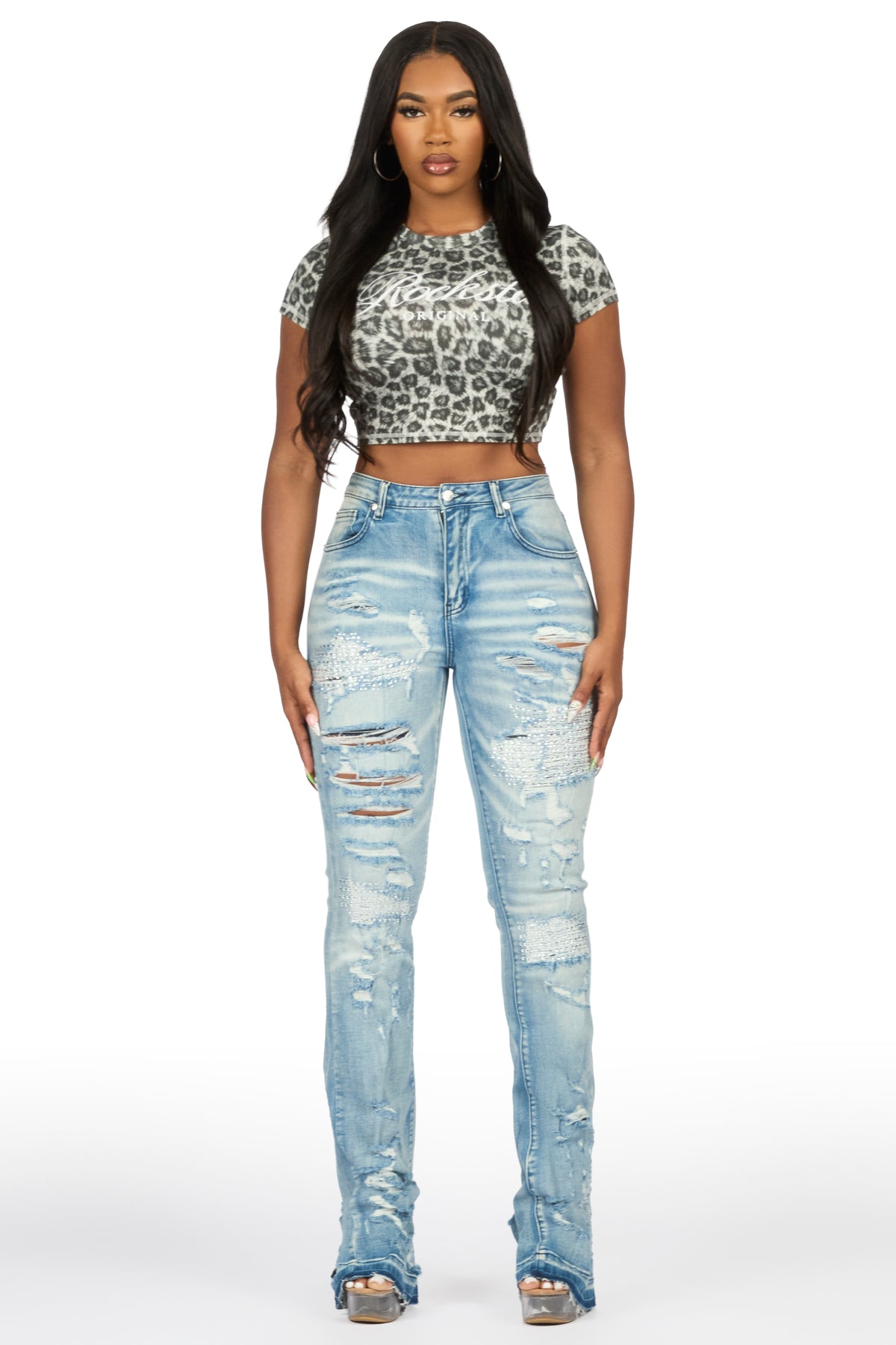 Kyesha Light Wash Rhinestone Stacked Flare Jean