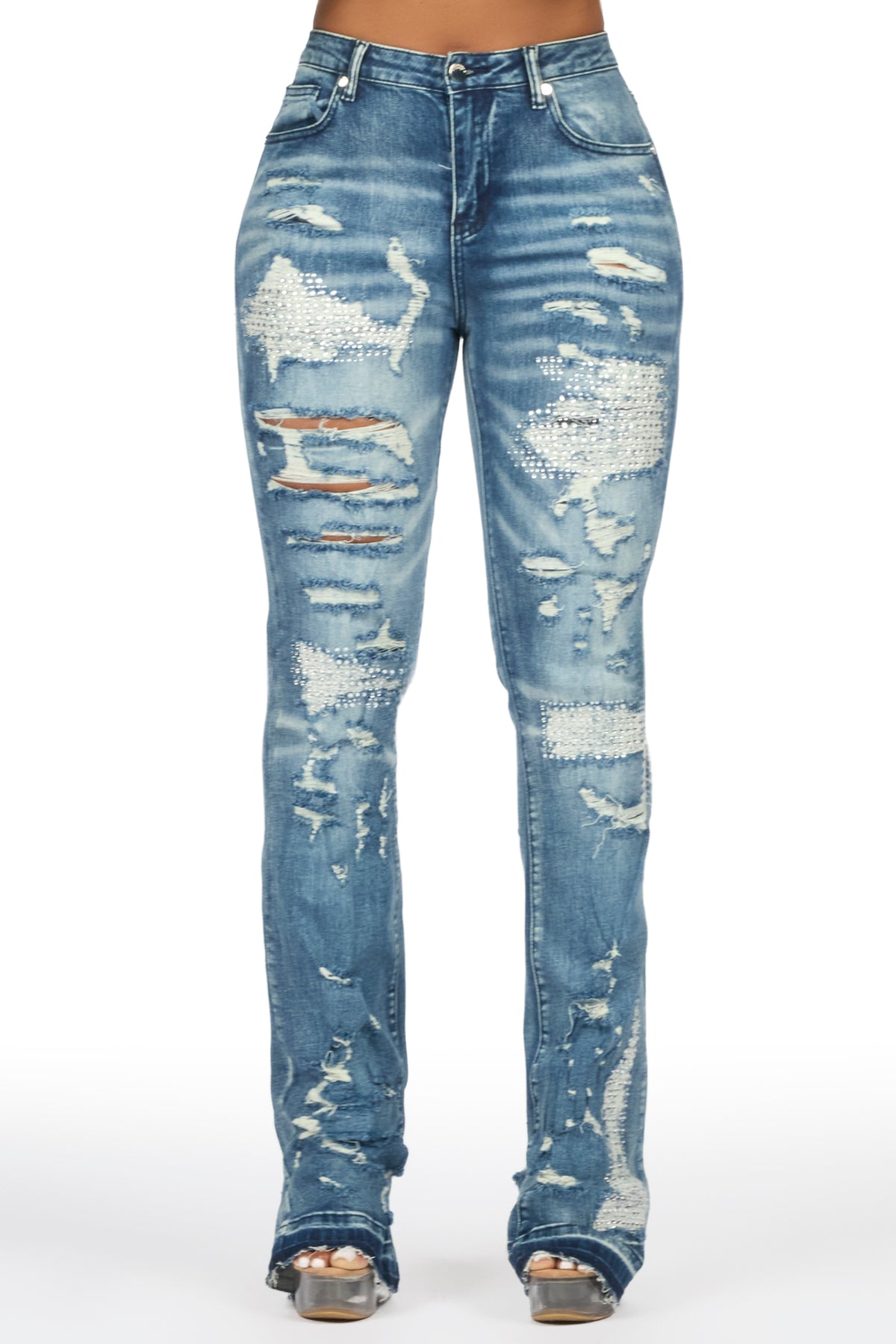 Kyesha Med.Wash Rhinestone Stacked Flare Jean