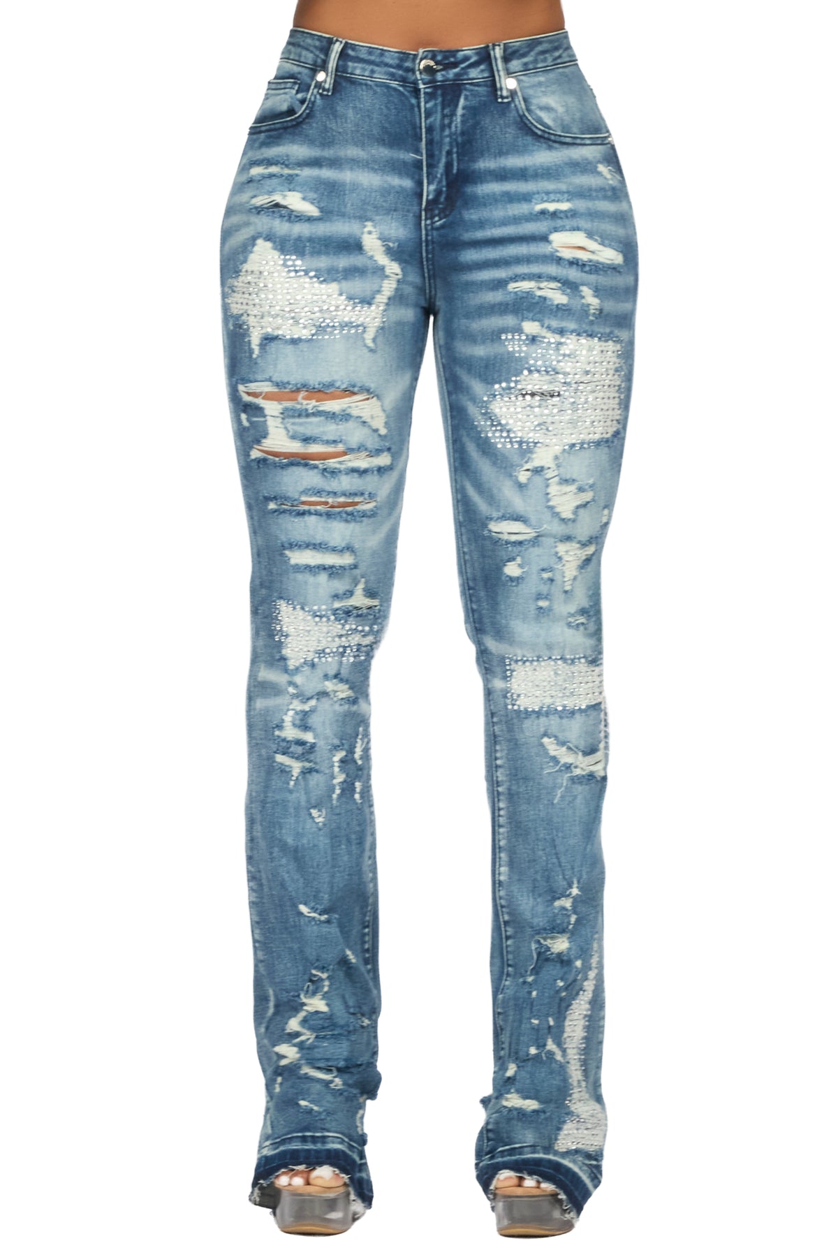 Kyesha Med.Wash Rhinestone Stacked Flare Jean
