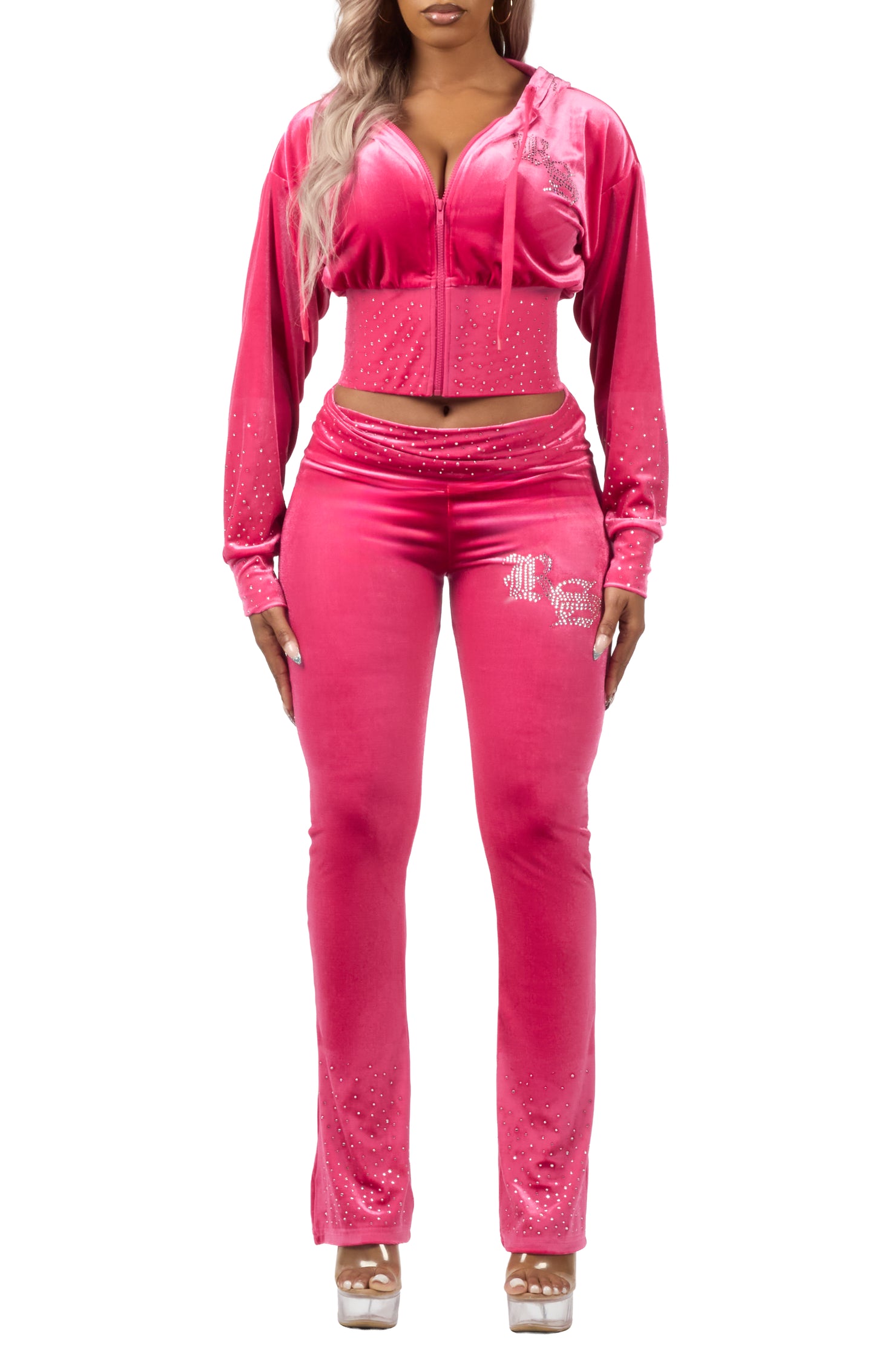 Rachell Hot Pink Rhinestone Velour Stacked Track Set
