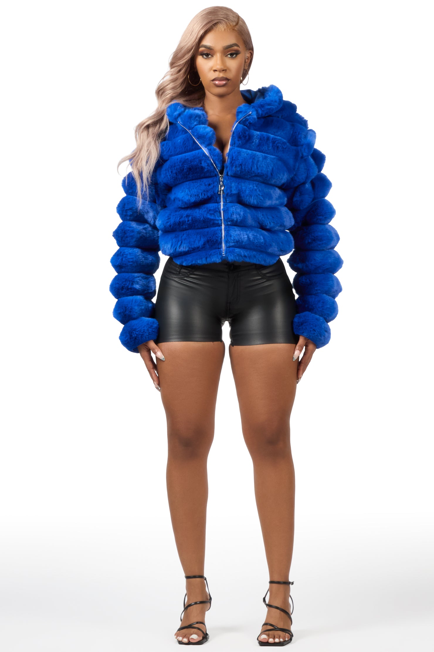 Vinetria Royal Blue Fur Jacket With Hood