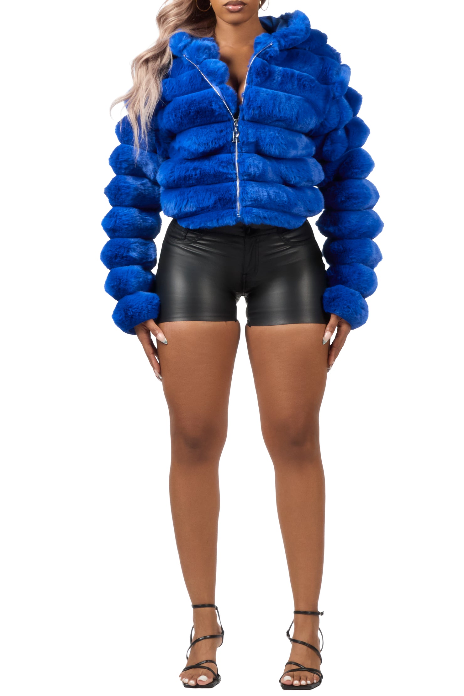 Vinetria Royal Blue Fur Jacket With Hood