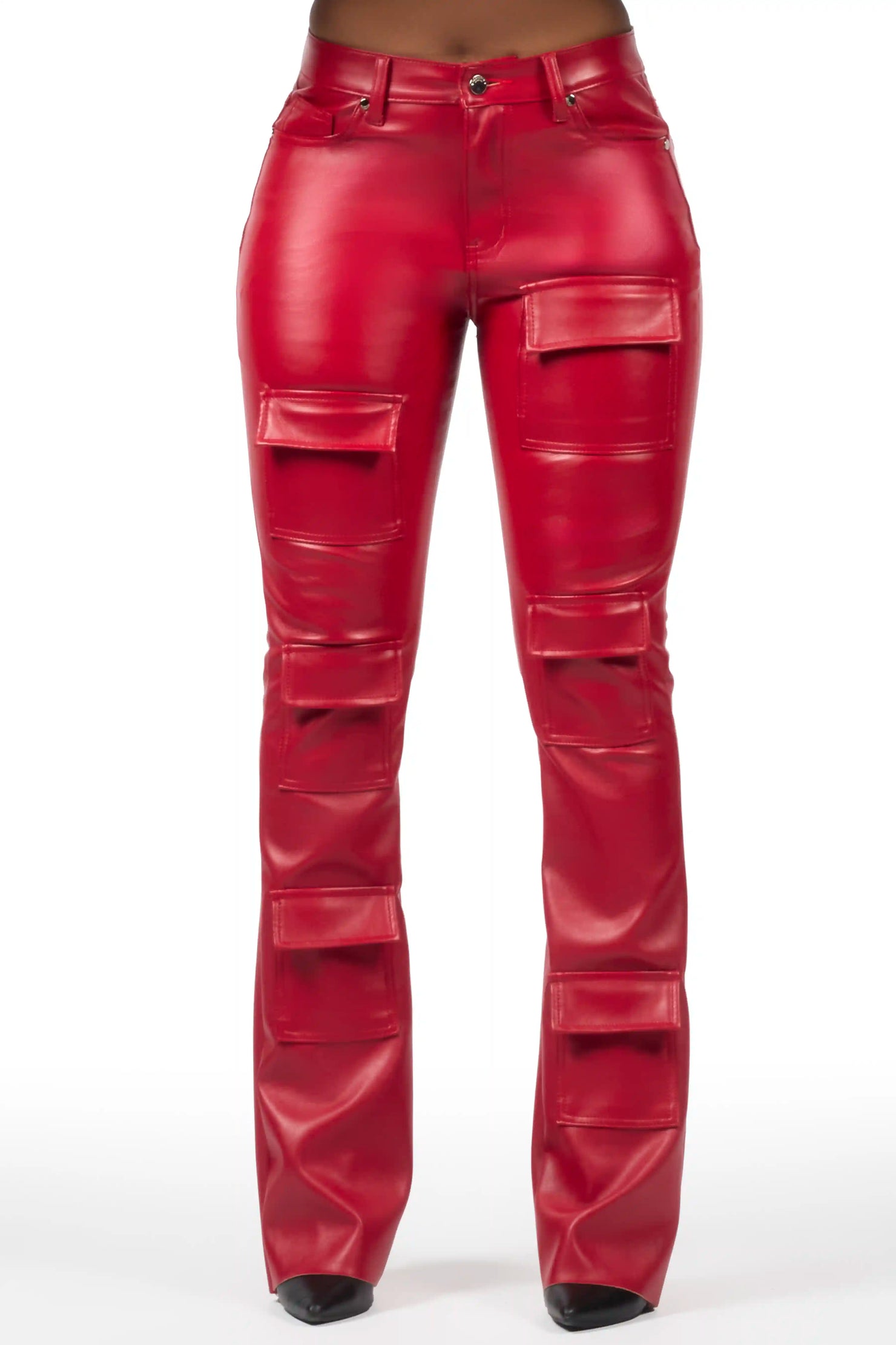 Keazhanae Red PU Cargo Stacked Flare Pant
