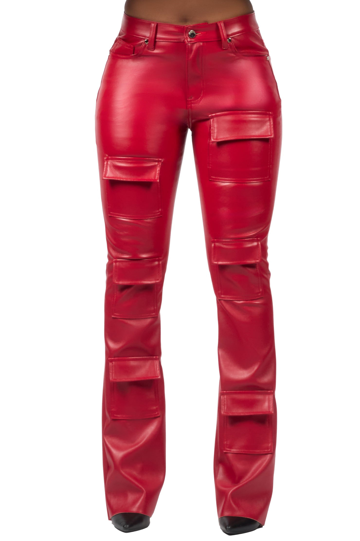 Keazhanae Red PU Cargo Stacked Flare Pant