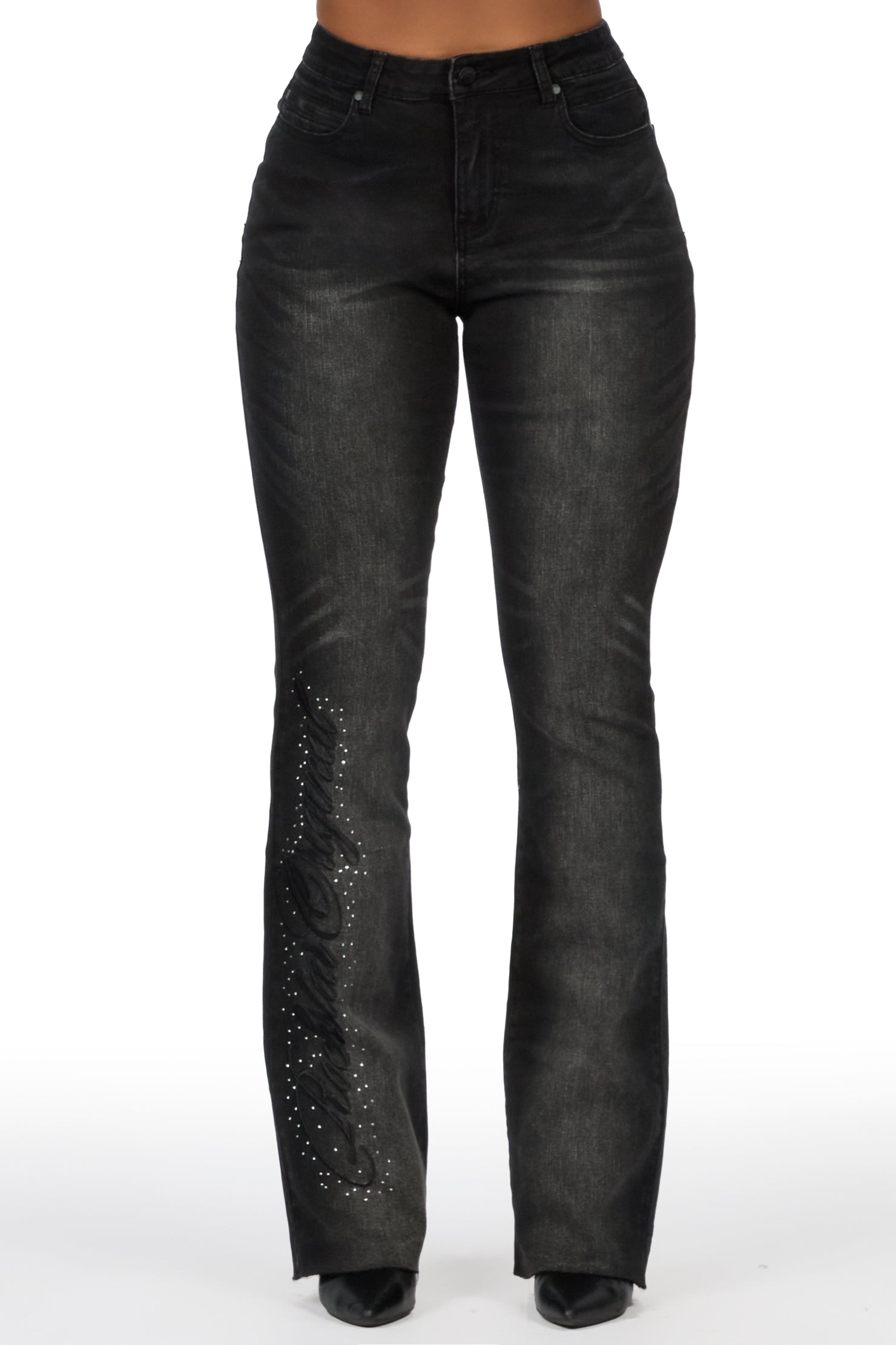 Calisa Black Rhinestone Stacked Flare Jean