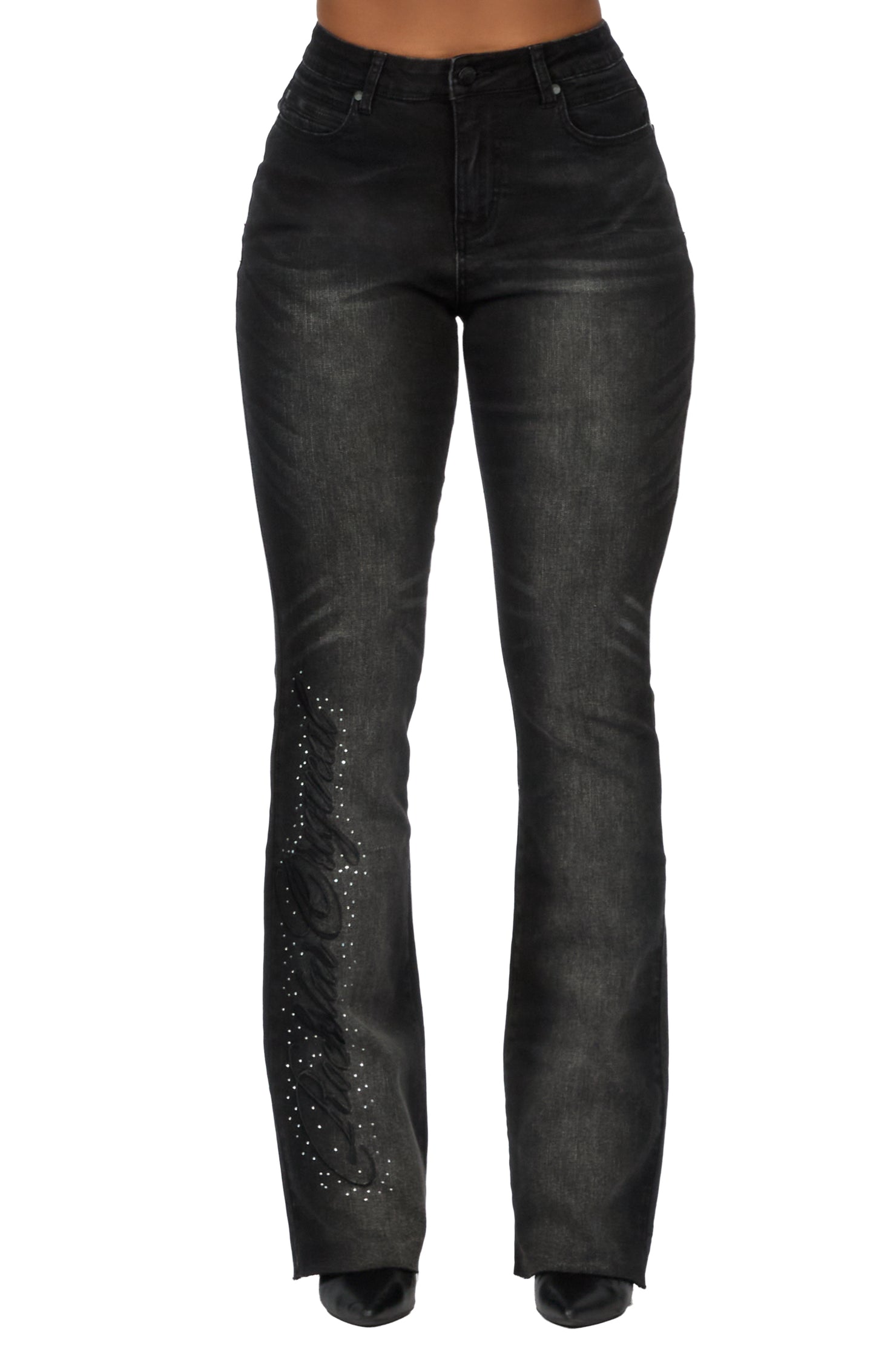 Calisa Black Rhinestone Stacked Flare Jean
