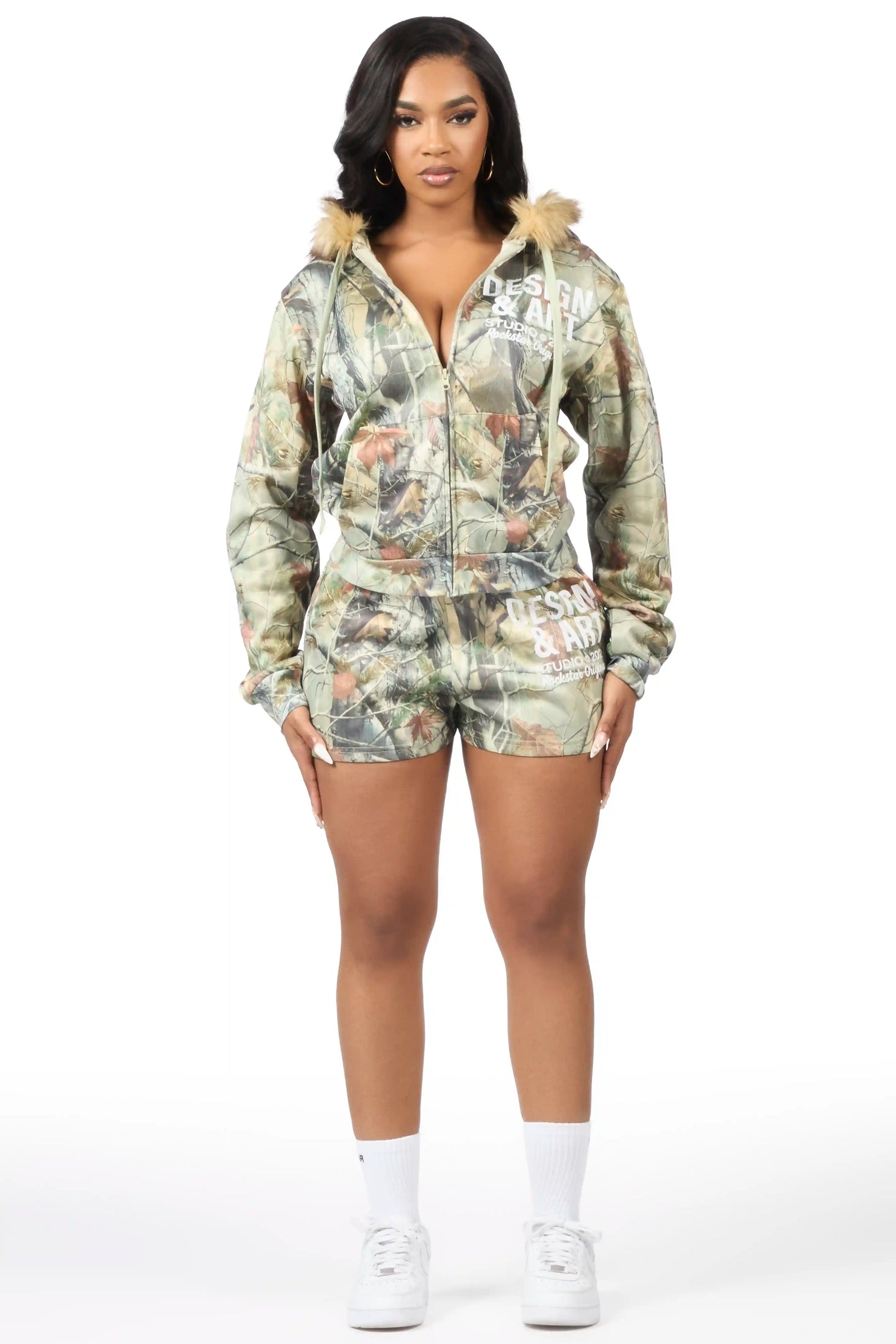 Sidney Tree Camo Zip Up Short Set with Fur Hood