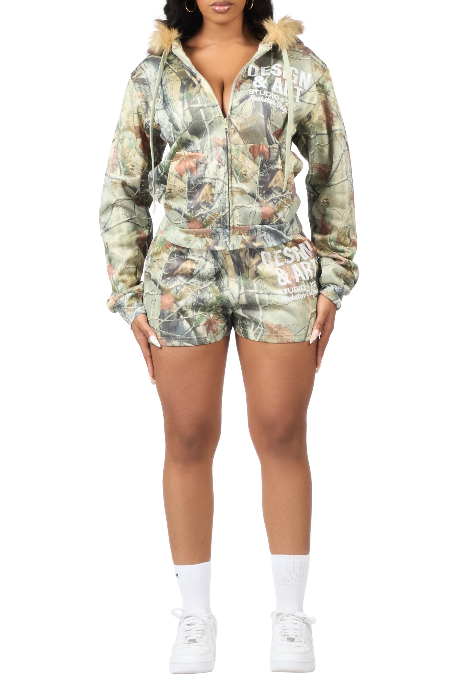 Sidney Tree Camo Zip Up Short Set with Fur Hood
