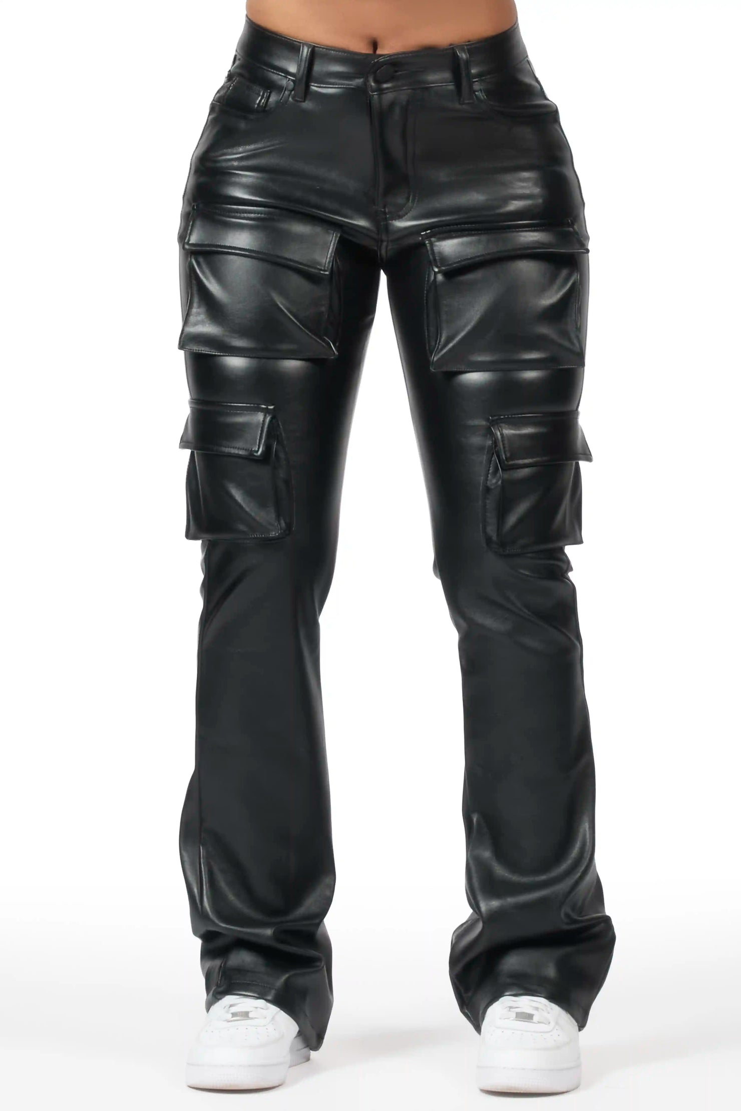 Caressia Black PU Cargo Stacked Flare Pant