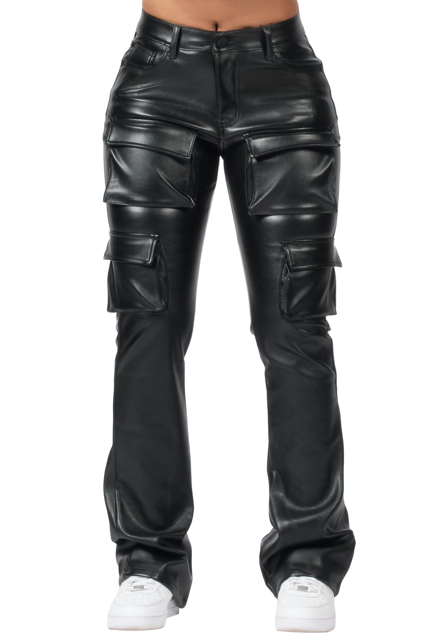 Caressia Black PU Cargo Stacked Flare Pant
