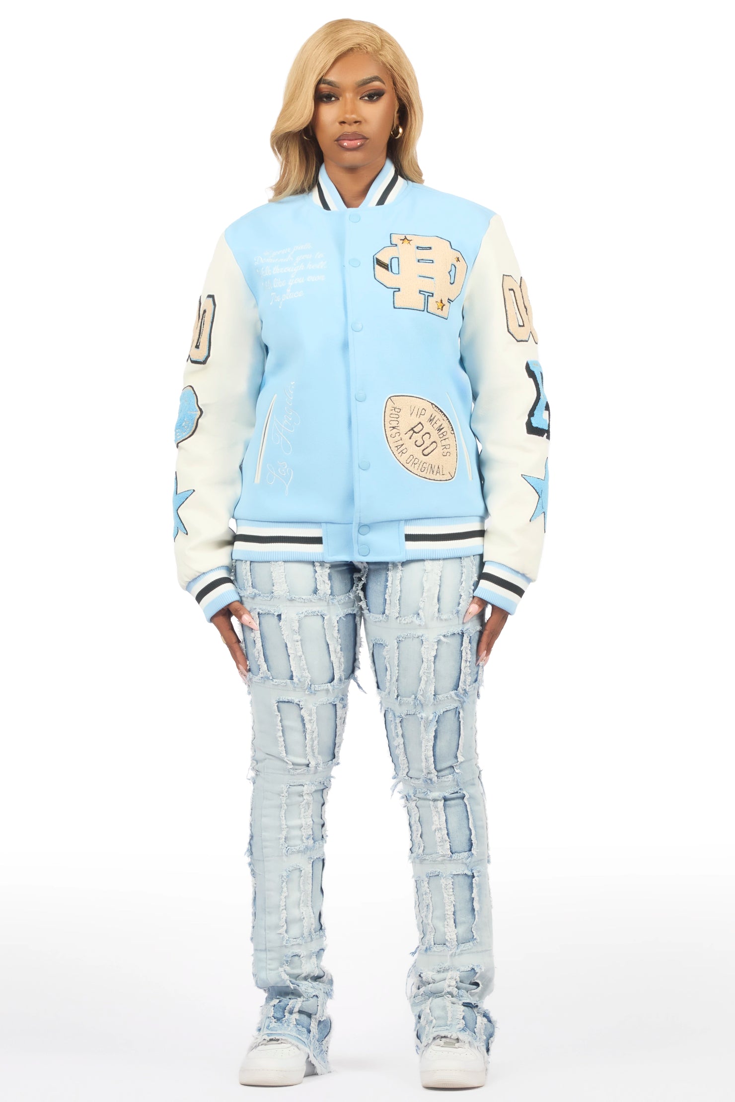 Adrienne Baby Blue Oversized Varsity Jacket