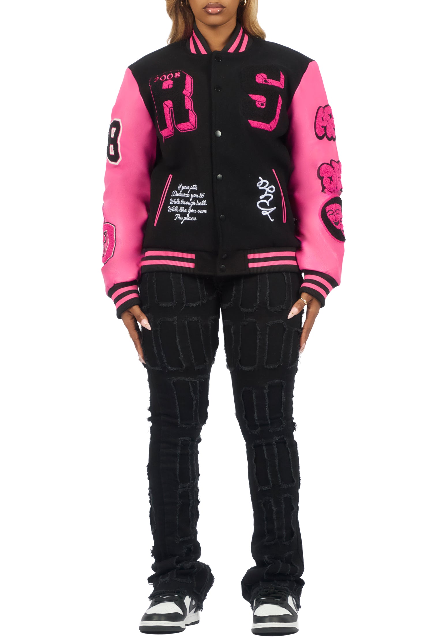 Leslee Black/Pink Oversized Varsity Jacket