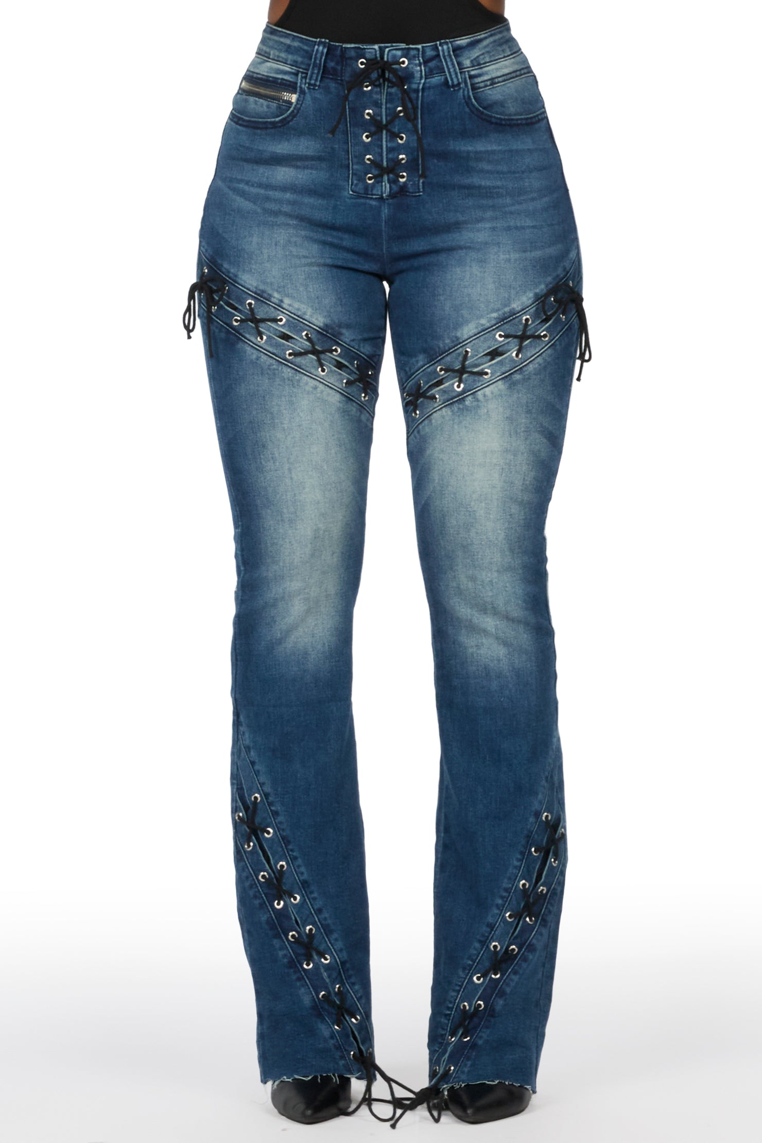 Shanai Dirty Wash Lace Up Stacked Flare Jean