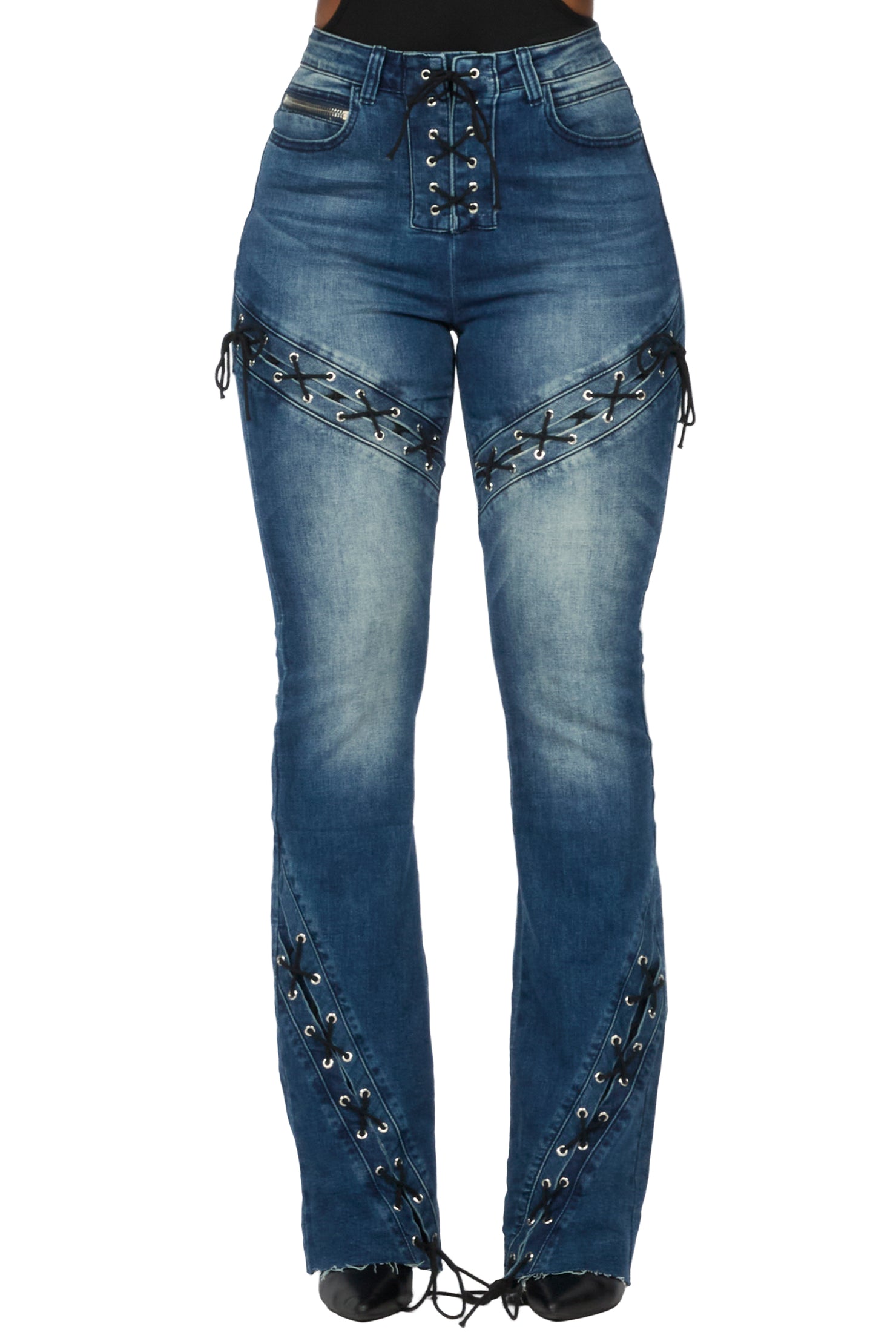 Shanai Dirty Wash Lace Up Stacked Flare Jean