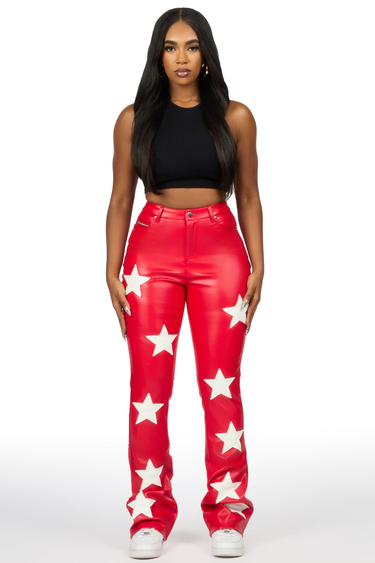 Takera Red PU Stacked Flare Pant
