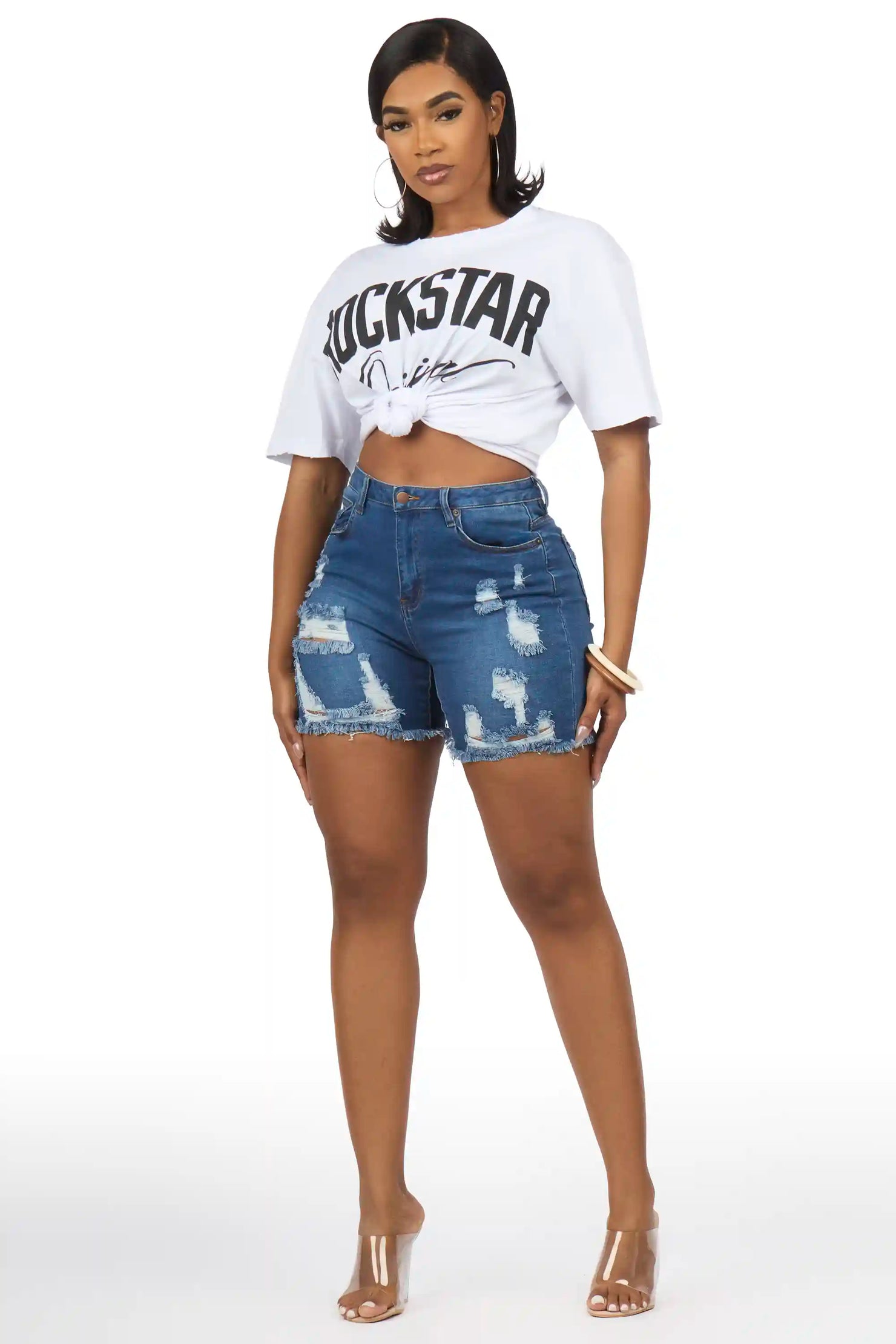 Taija Med. Wash Distressed Denim Short