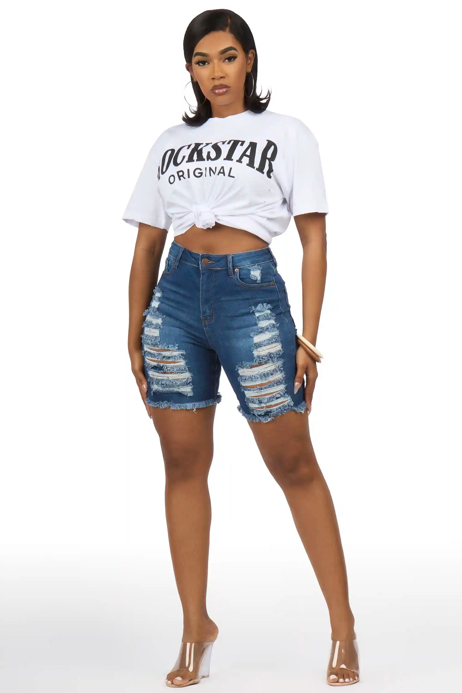 Stiffany Med. Wash Distressed Denim Short