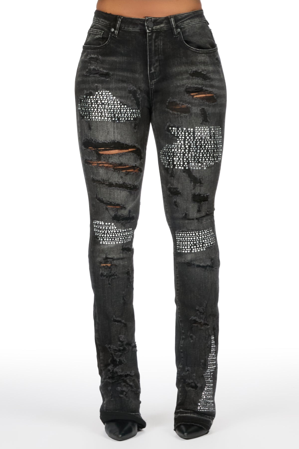 Kyesha Grey Wash Rhinestone Stacked Flare Jean