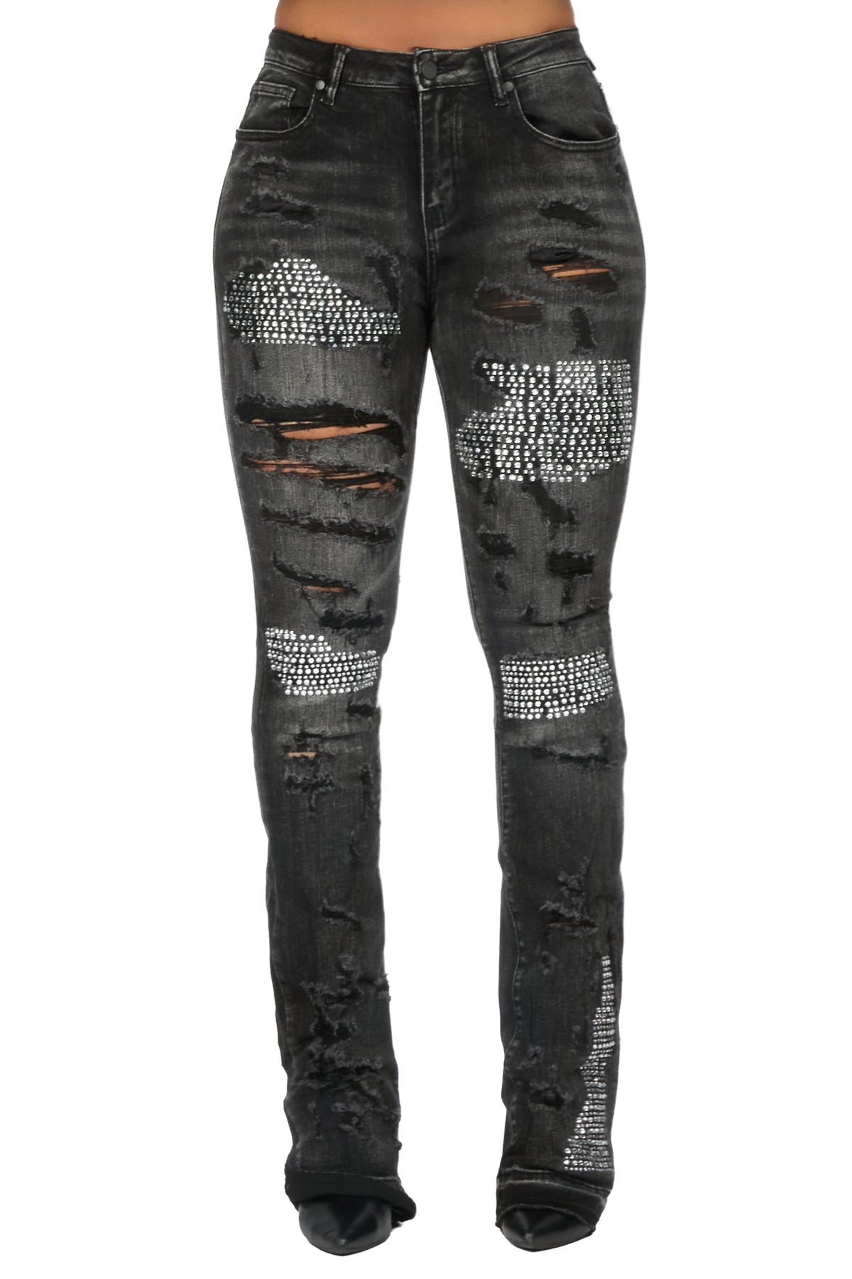 Kyesha Grey Wash Rhinestone Stacked Flare Jean