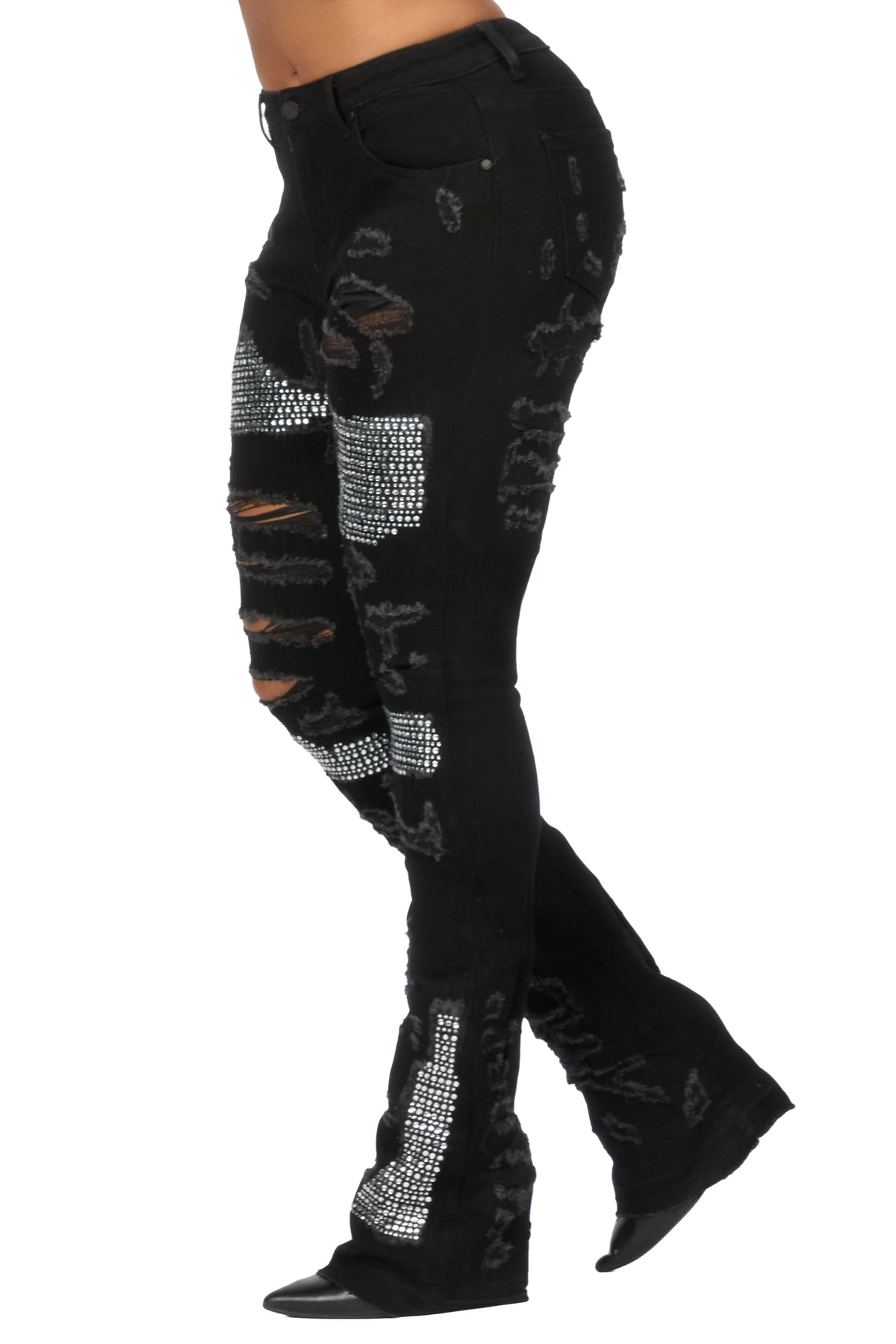 Kyesha Black Rhinestone Stacked Flare Jean