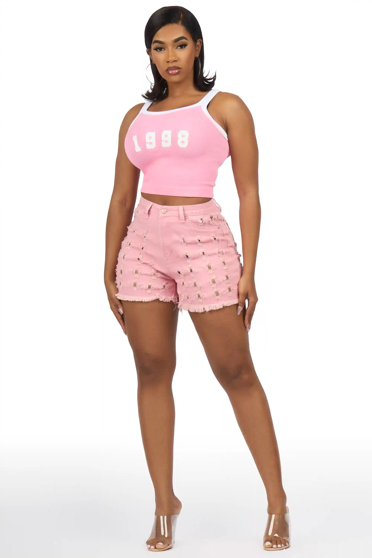 Shamica Pink Distressed Denim Short