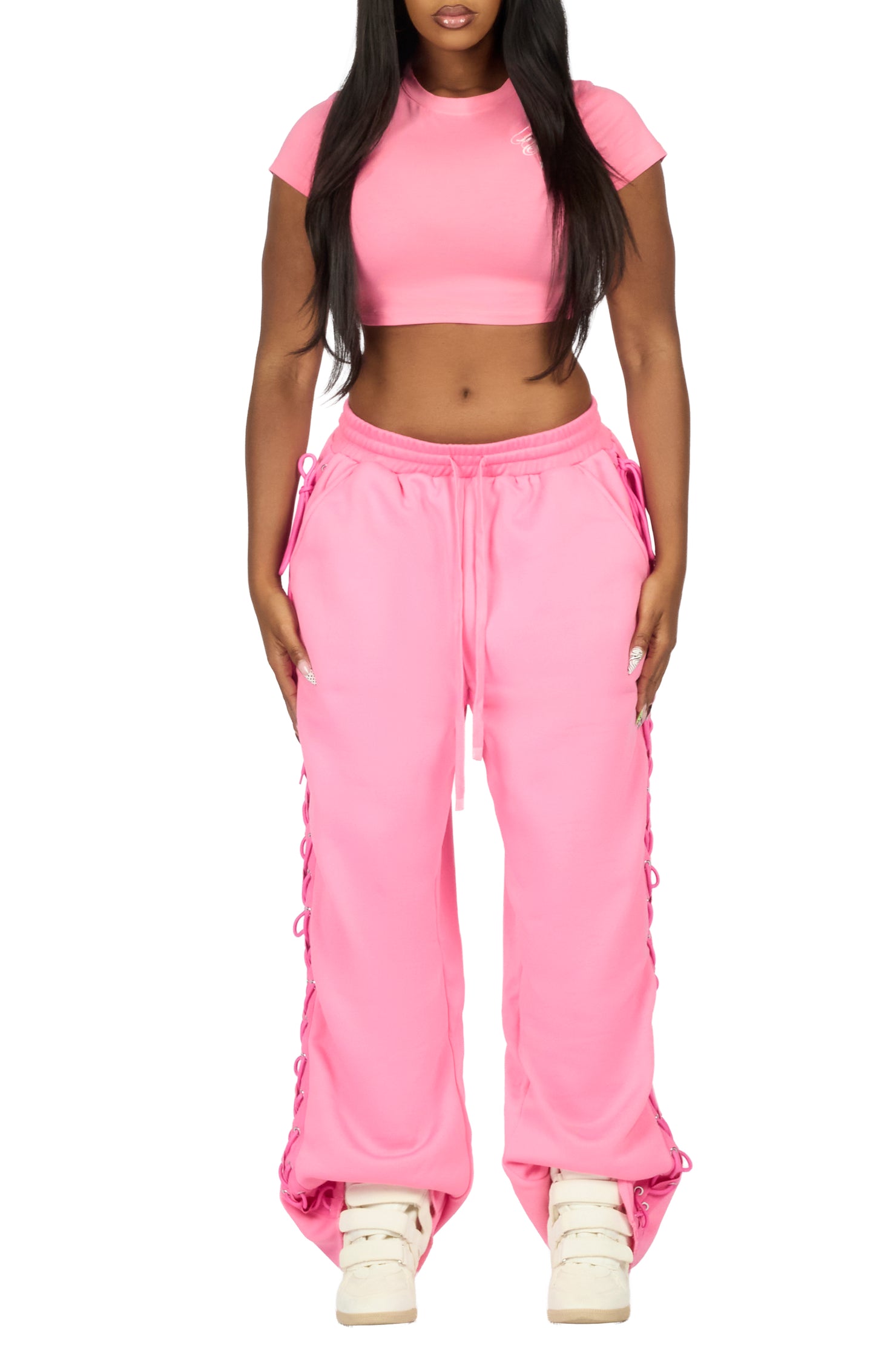 Desire Pink Lace Up  Crop T-Shirt Baggy Track Set