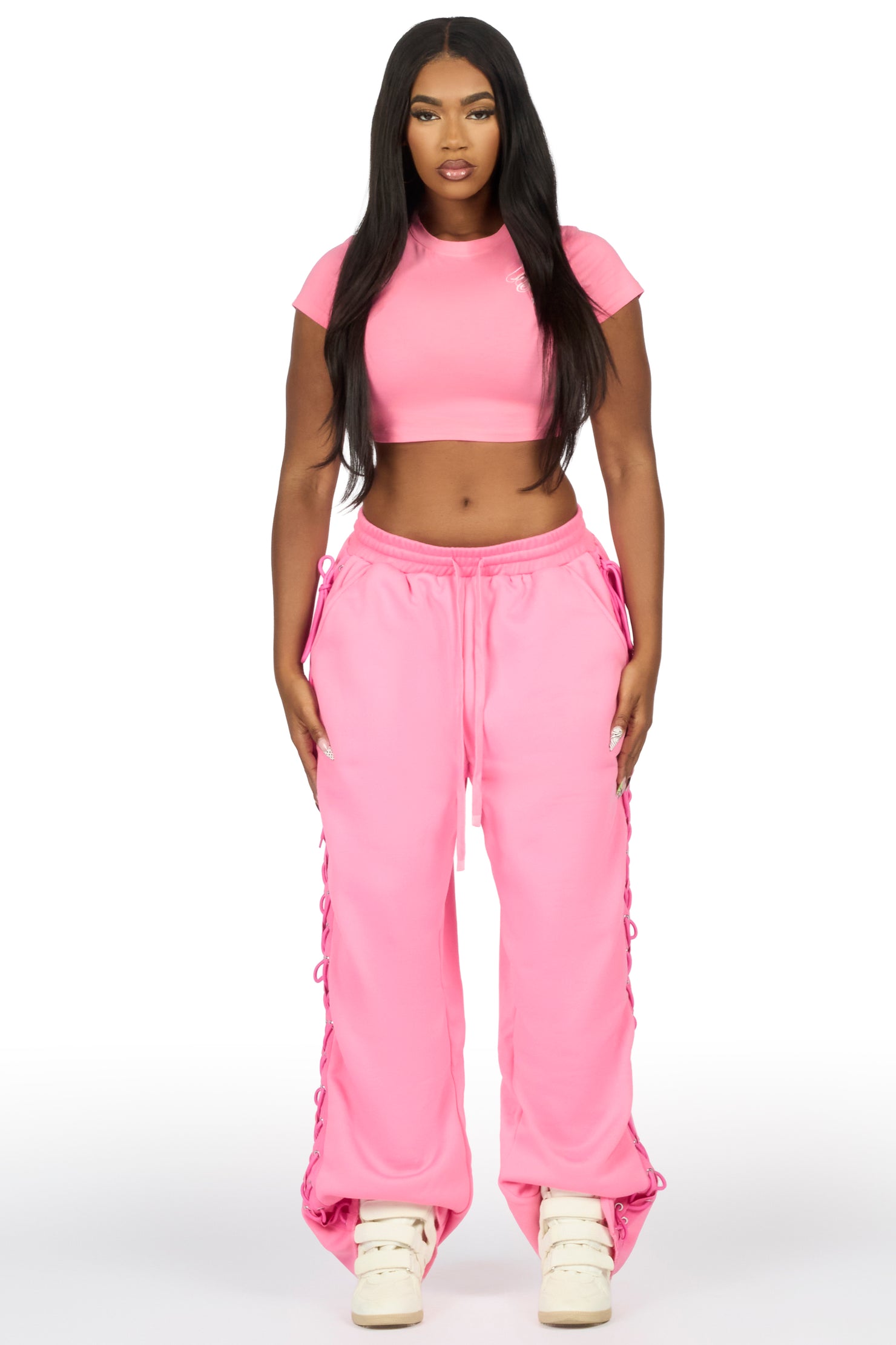 Desire Pink Lace Up  Crop T-Shirt Baggy Track Set