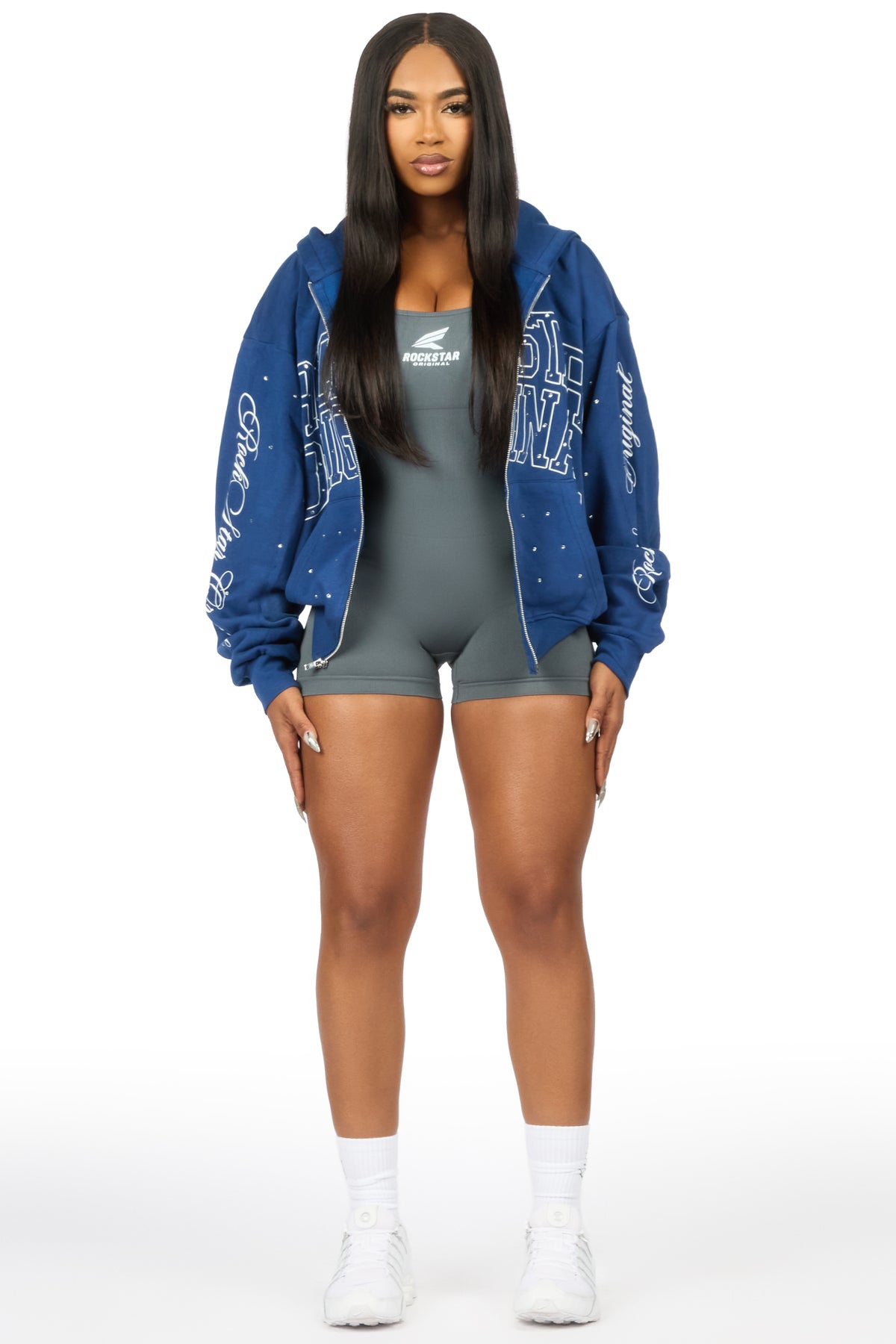 Alvina Navy Rhinestone Zip Up Hoodie