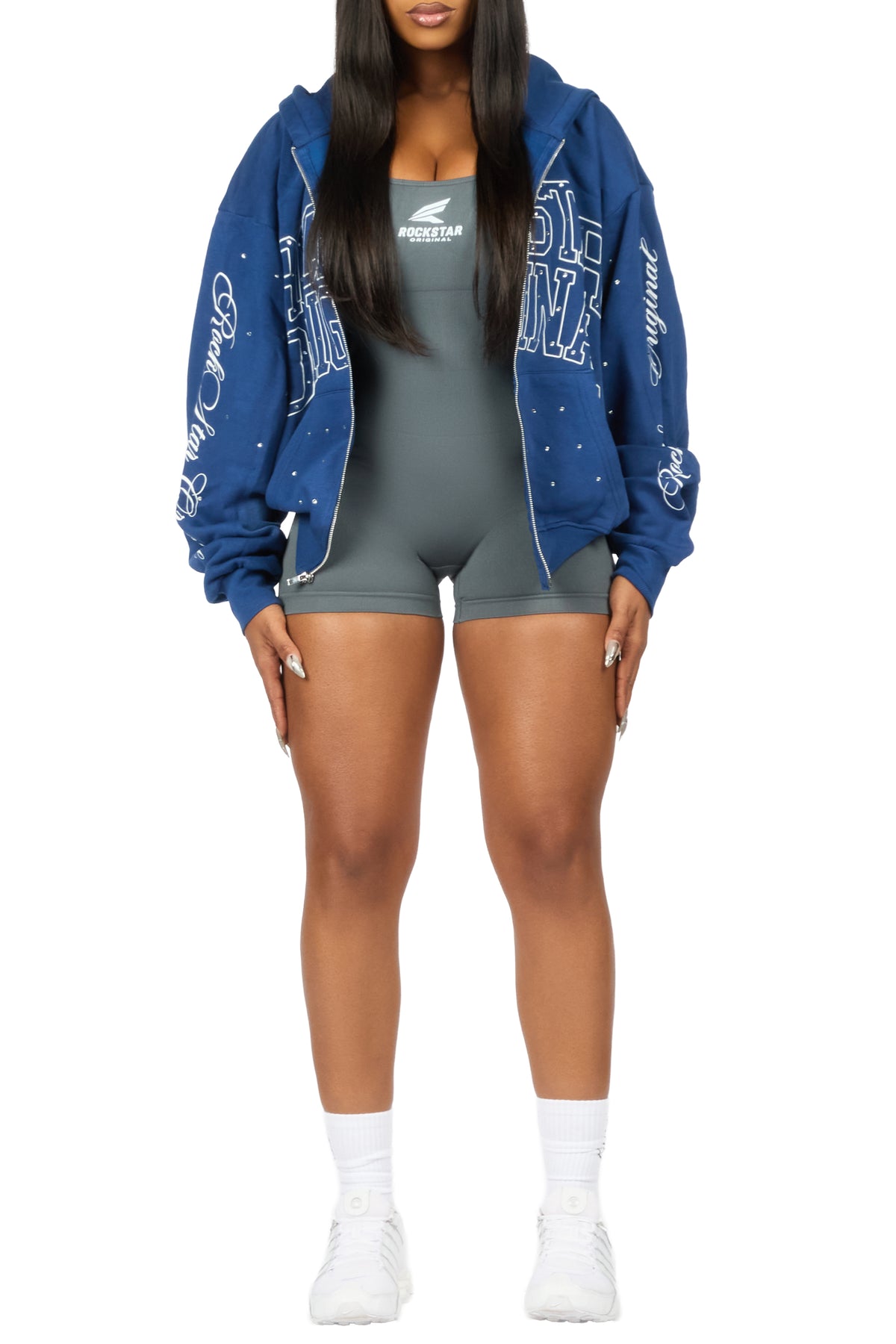 Alvina Navy Rhinestone Zip Up Hoodie