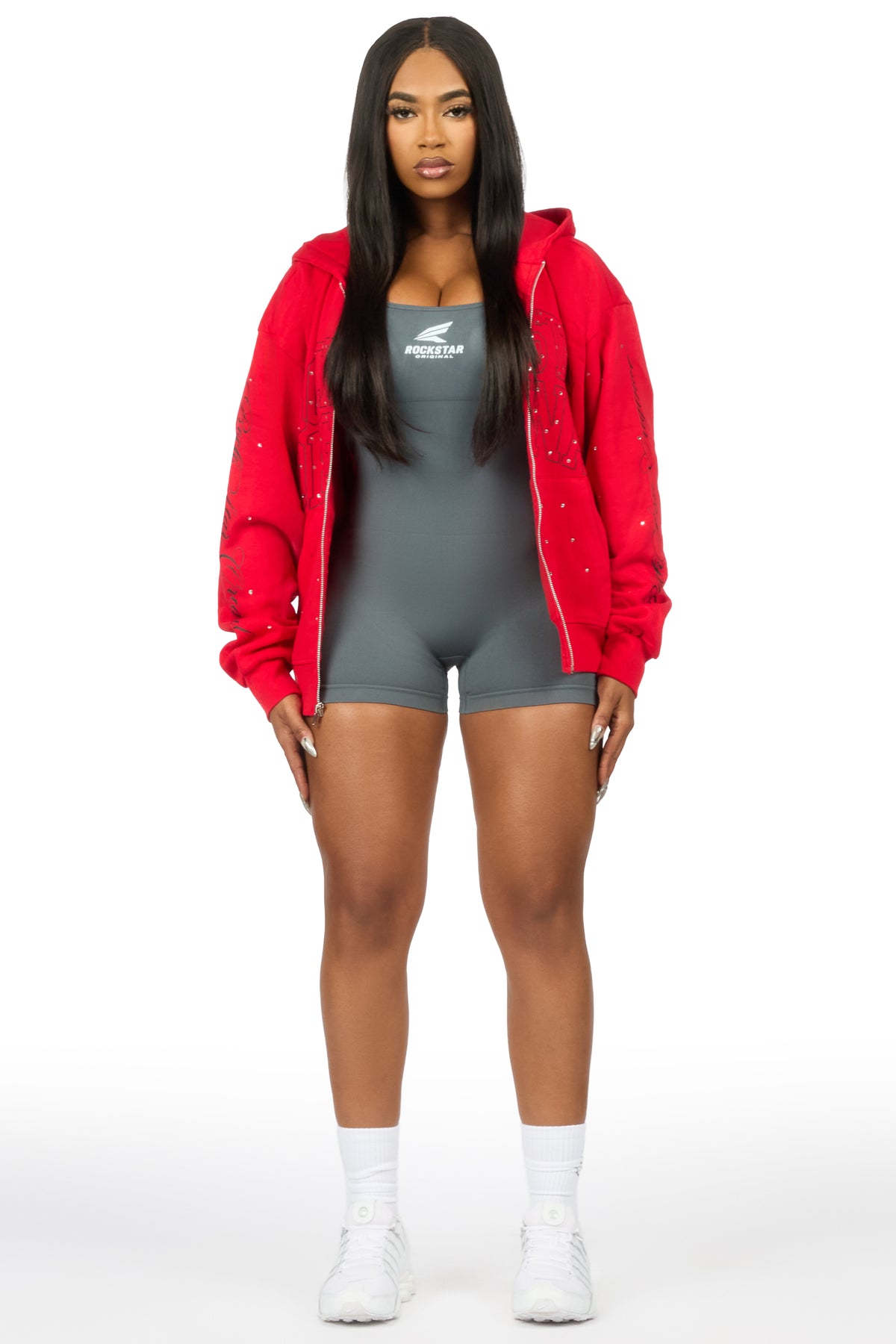 Alvina Red Rhinestone Zip Up Hoodie