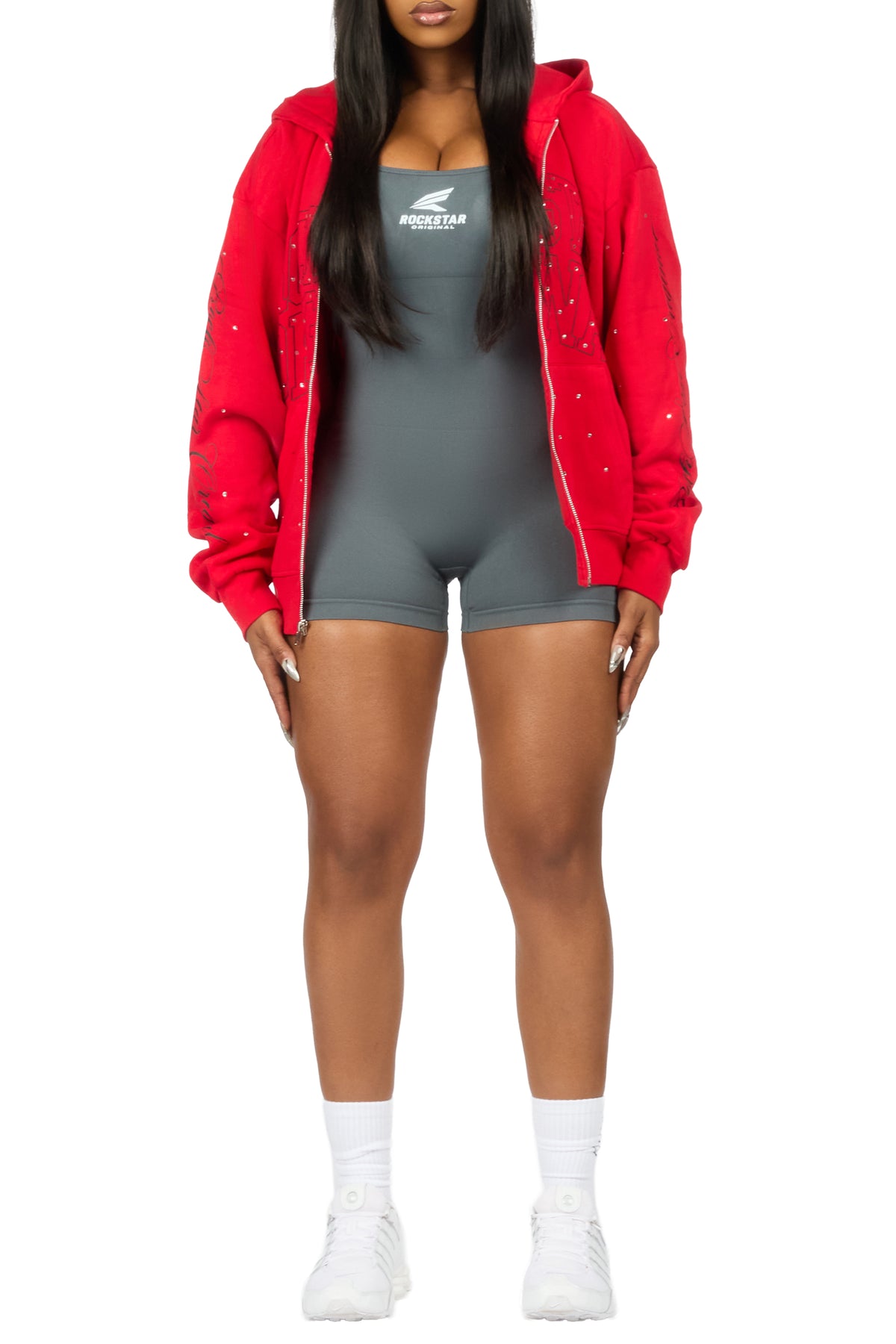 Alvina Red Rhinestone Zip Up Hoodie